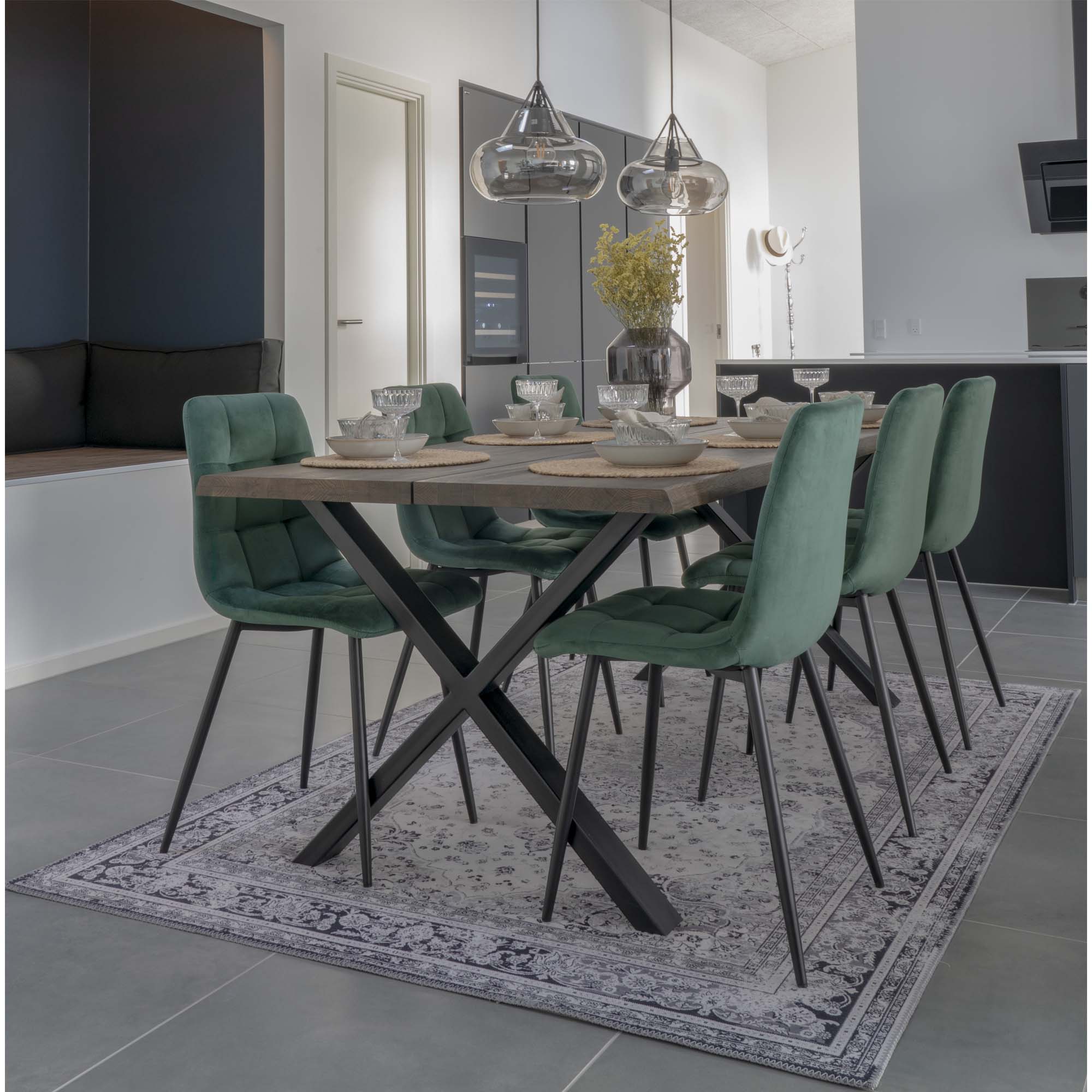 Middelfart Dining Chair - Eetkamerstoel, fluweel, donkergroen, zwarte poten HN1006 (set van 2)