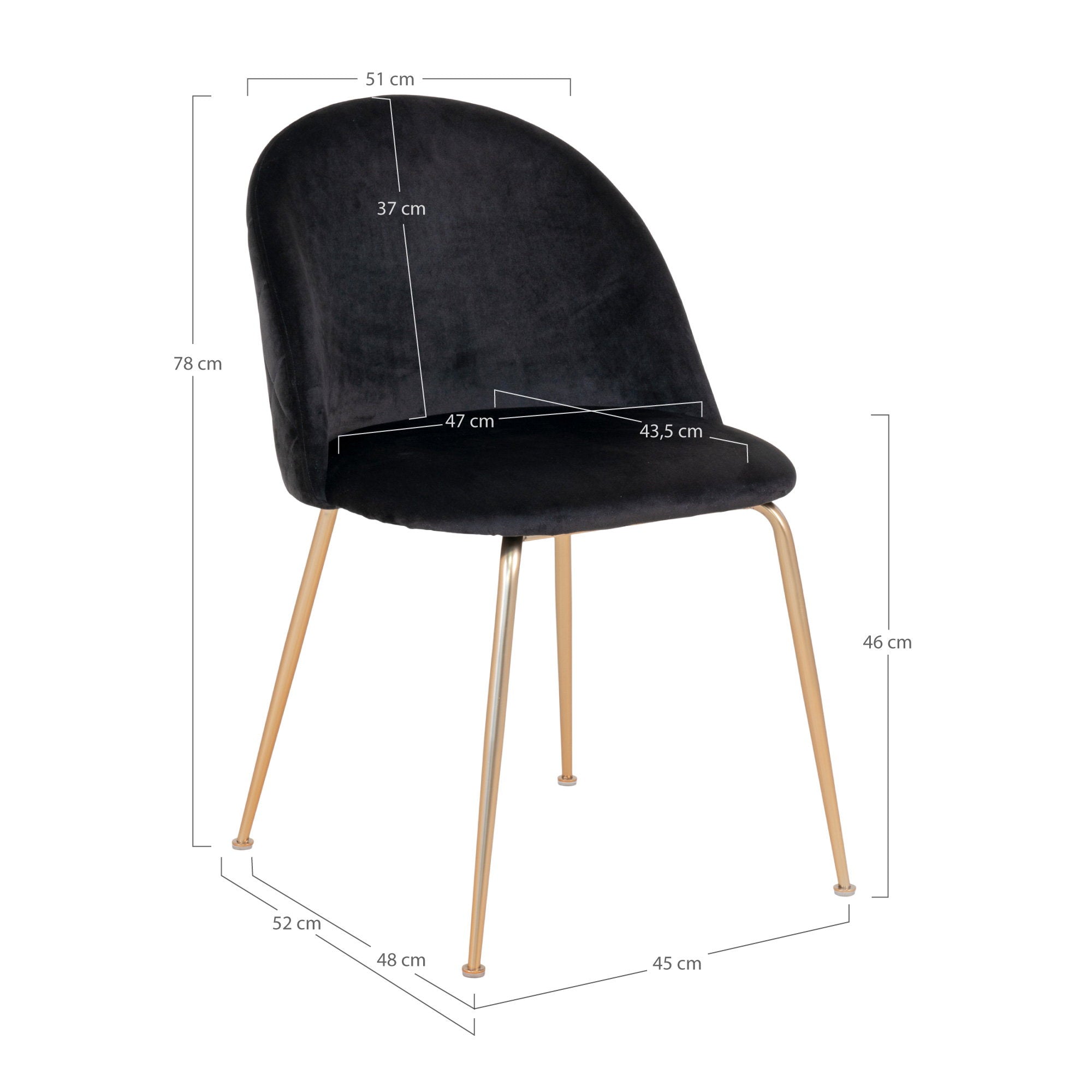 Geneve Eetkamerstoel - Eetkamerstoel in fluweel, zwart met messinglook poten HN1207 (set van 2)