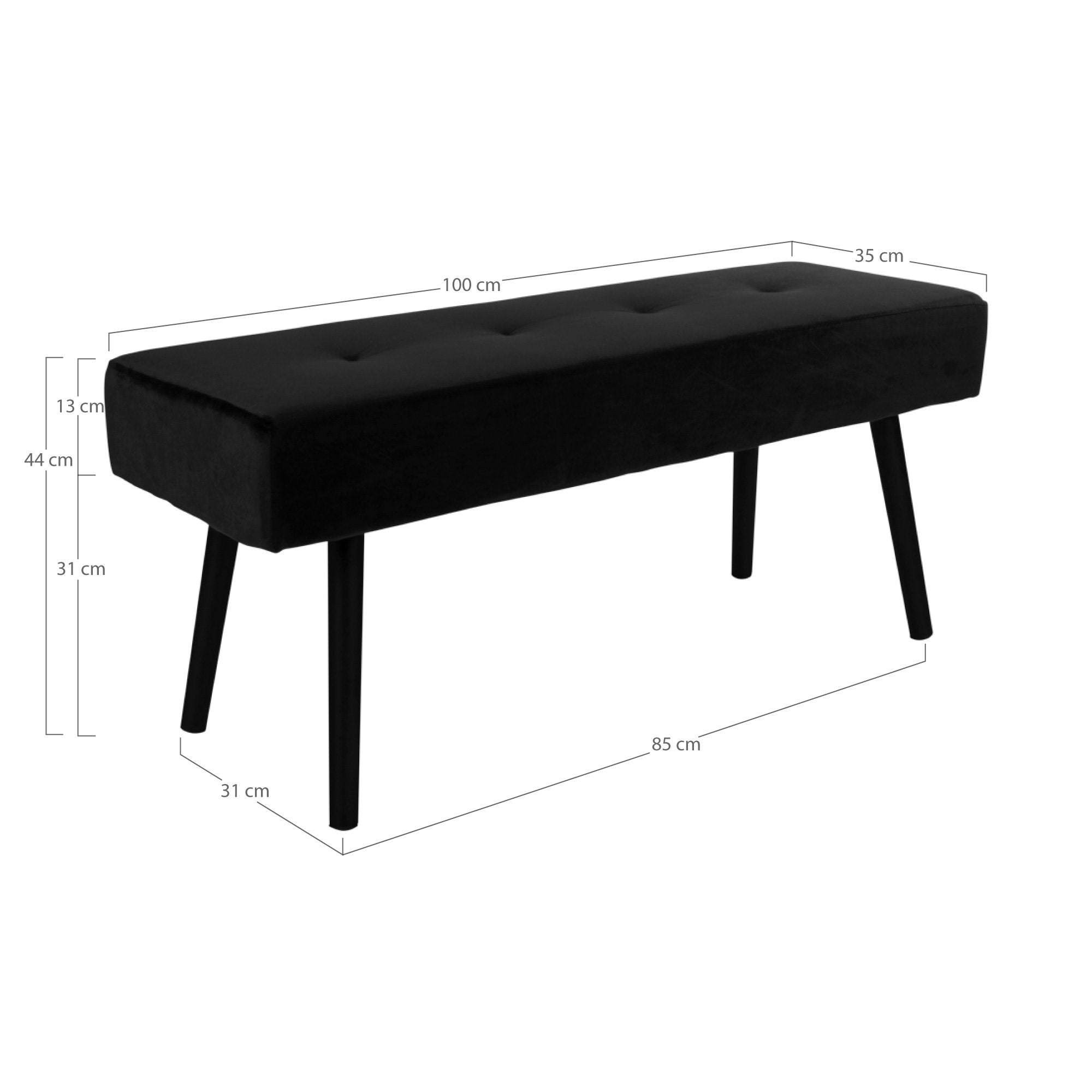 Skiby Bench - bank, fluweel, zwart, zwarte poten 100x35x44 cm HN1207