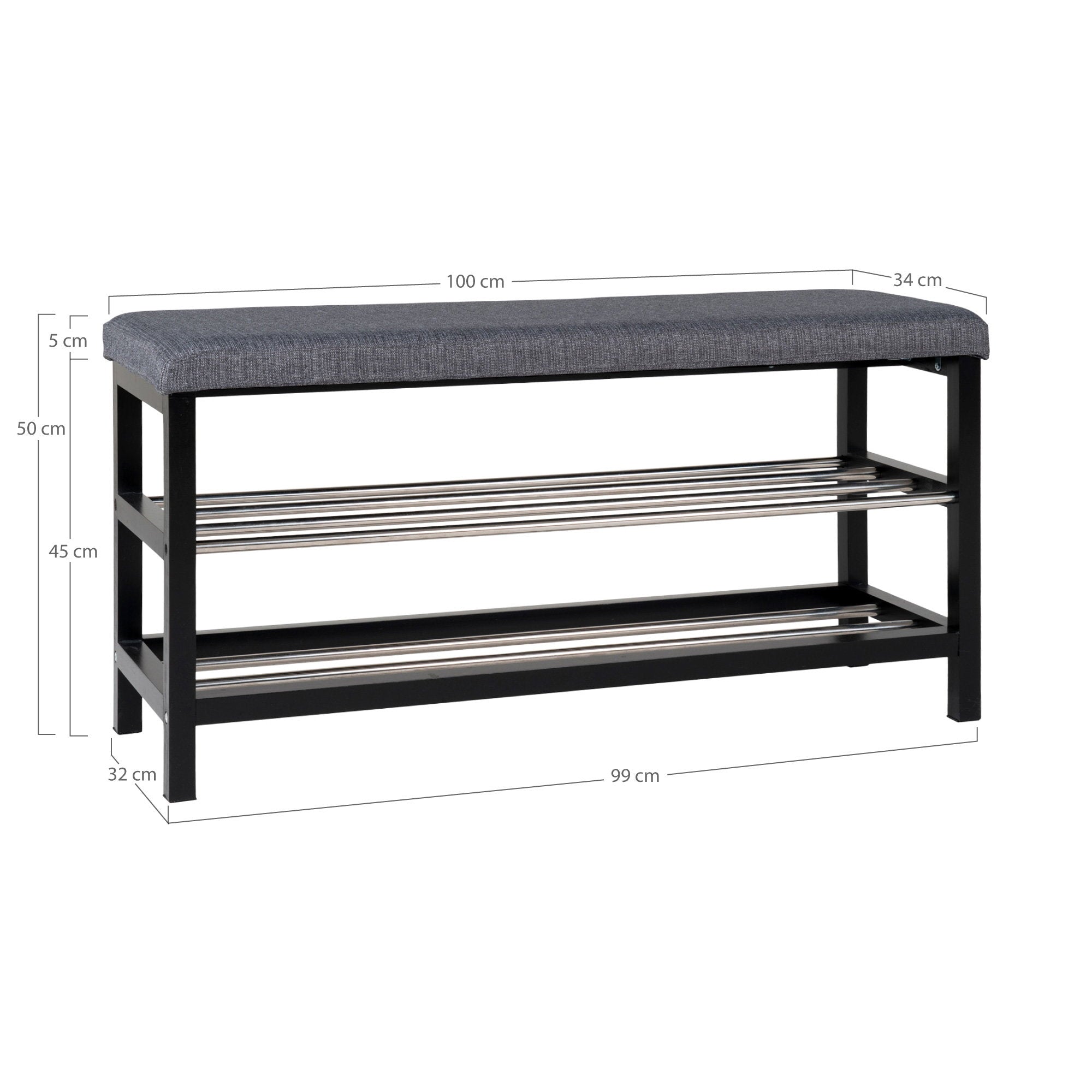 Padova-bank - bank met kussen en 2 planken, grijs, zwarte poten 100x34x50 cm