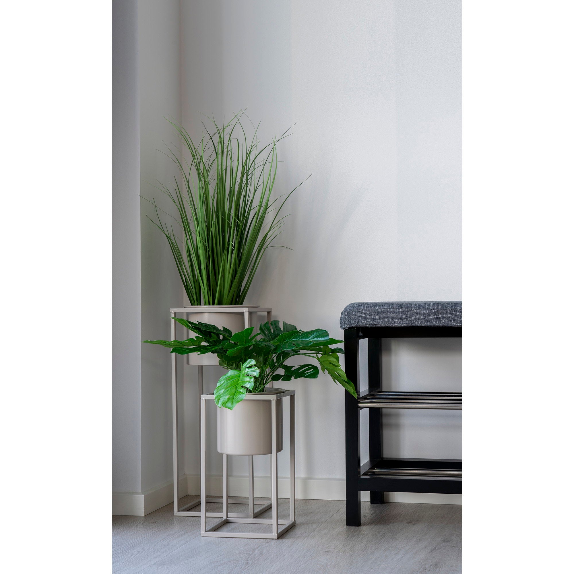 Padova-bank - bank met kussen en 2 planken, grijs, zwarte poten 100x34x50 cm