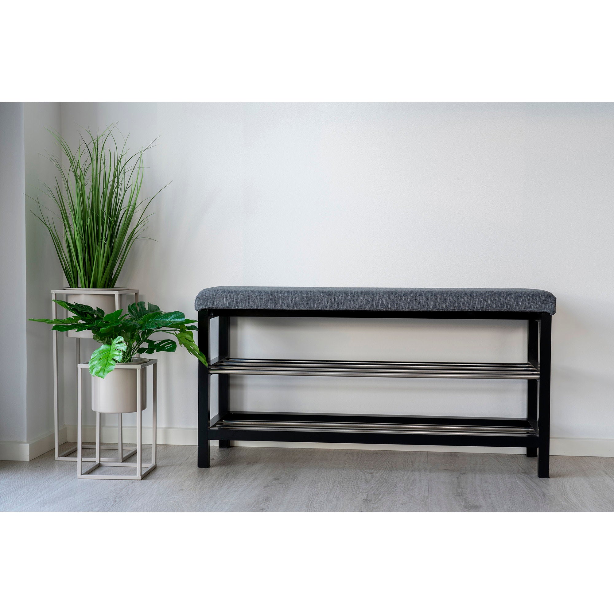 Padova-bank - bank met kussen en 2 planken, grijs, zwarte poten 100x34x50 cm