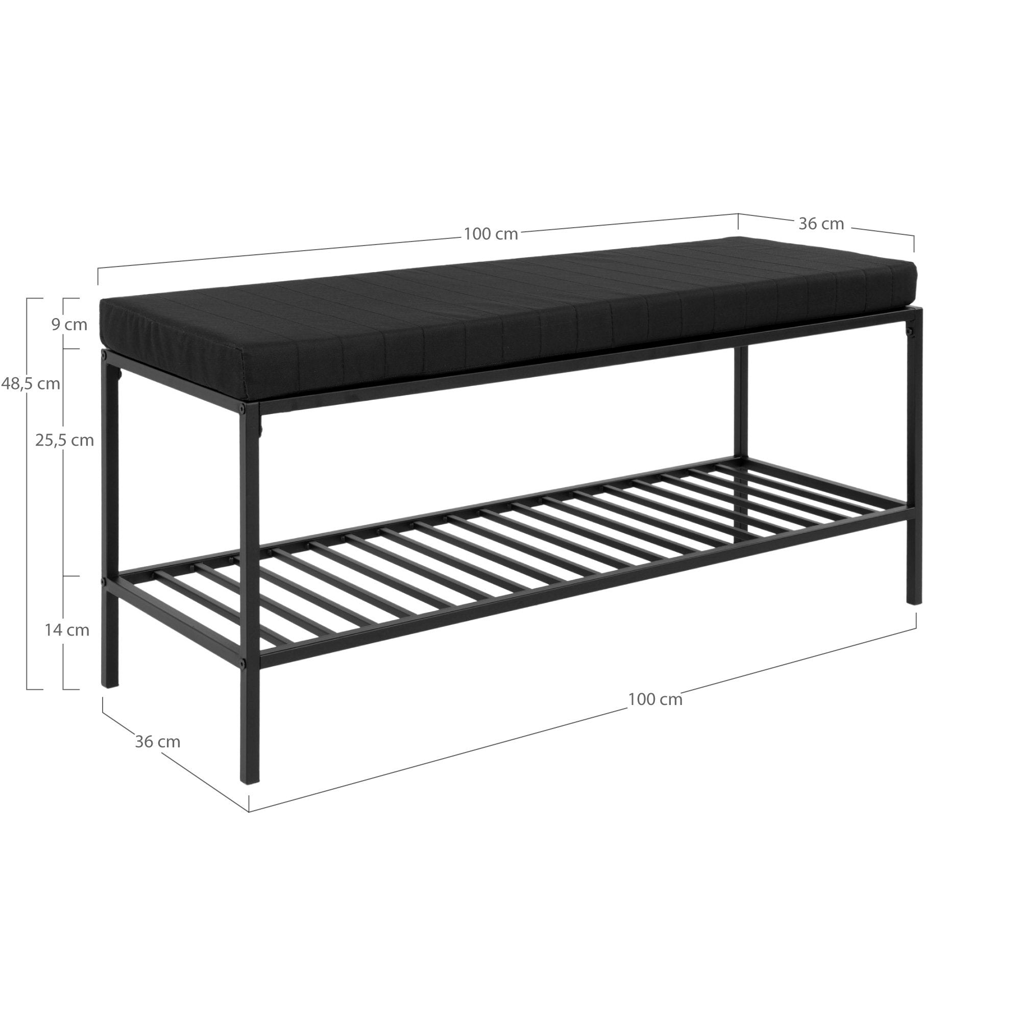 Vita Bench - Bank met kussen en plank, zwart met zwarte poten 100x36x48,5 cm