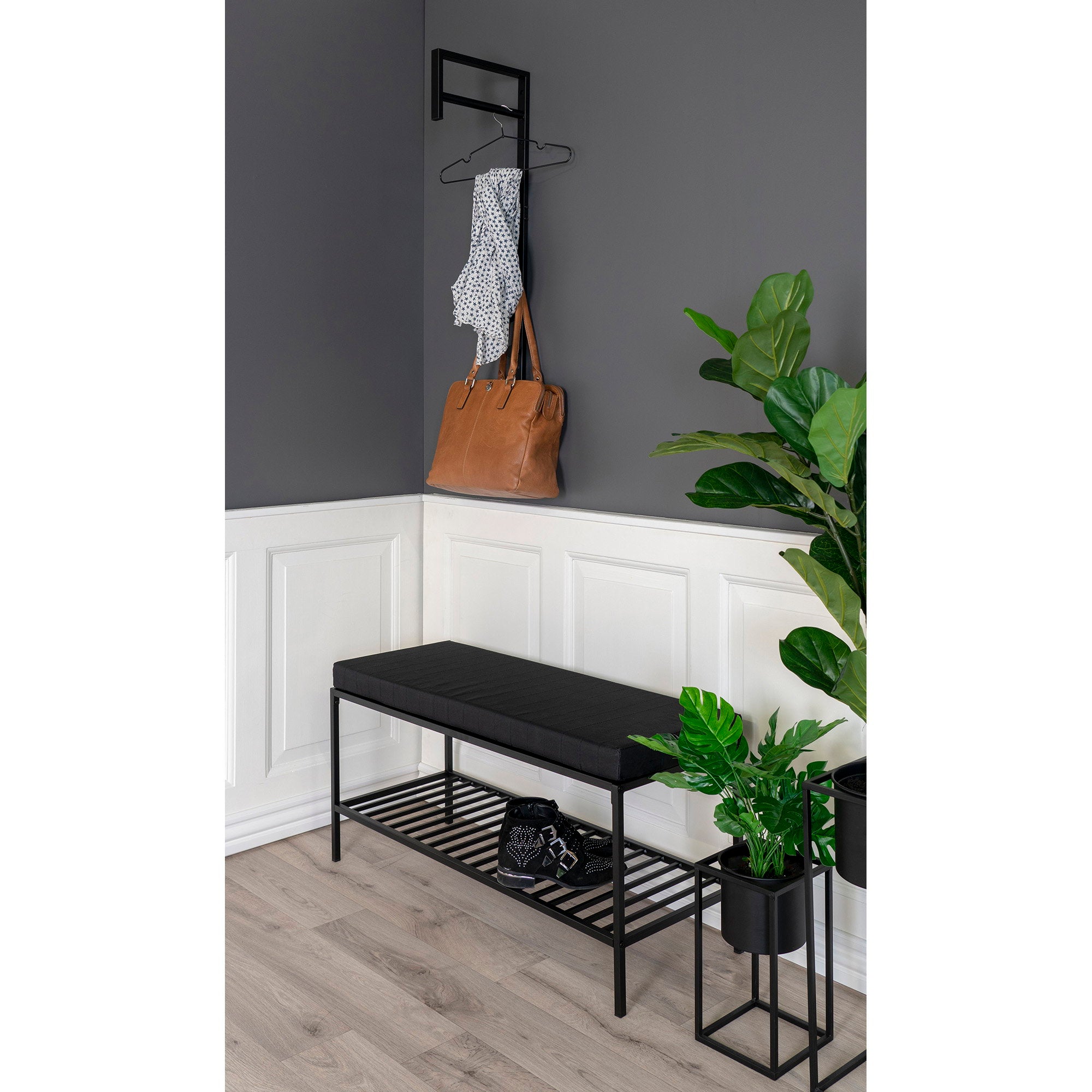 Vita Bench - Bank met kussen en plank, zwart met zwarte poten 100x36x48,5 cm