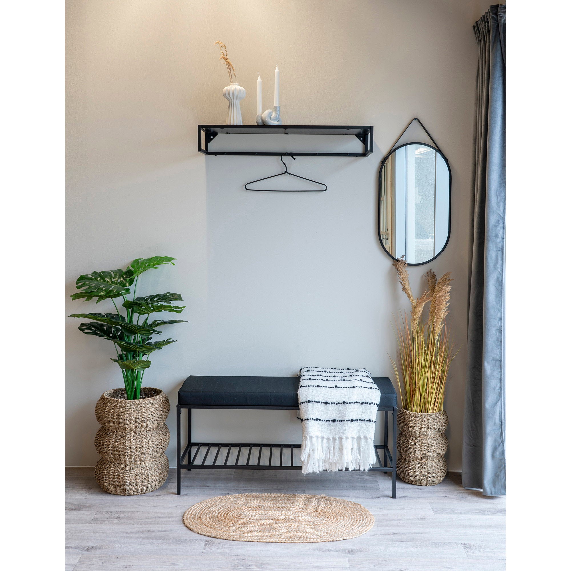Vita Bench - Bank met kussen en plank, zwart met zwarte poten 100x36x48,5 cm
