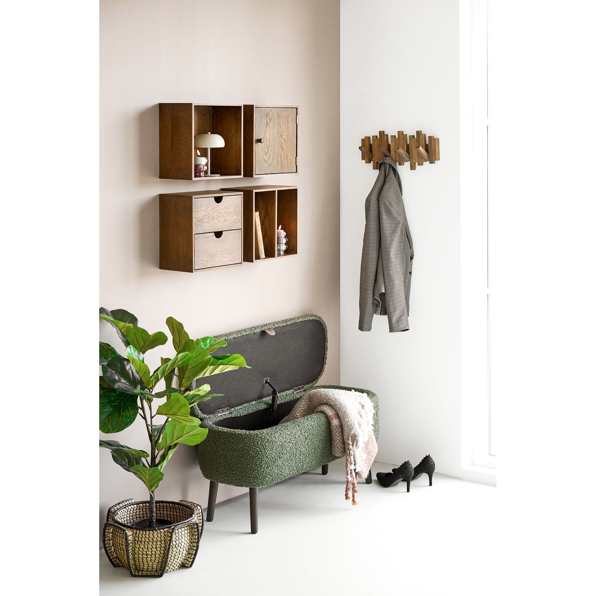 Harlow Bank - Bank met opbergruimte, teddy-stof, groen 95x37x45 cm, HN1301