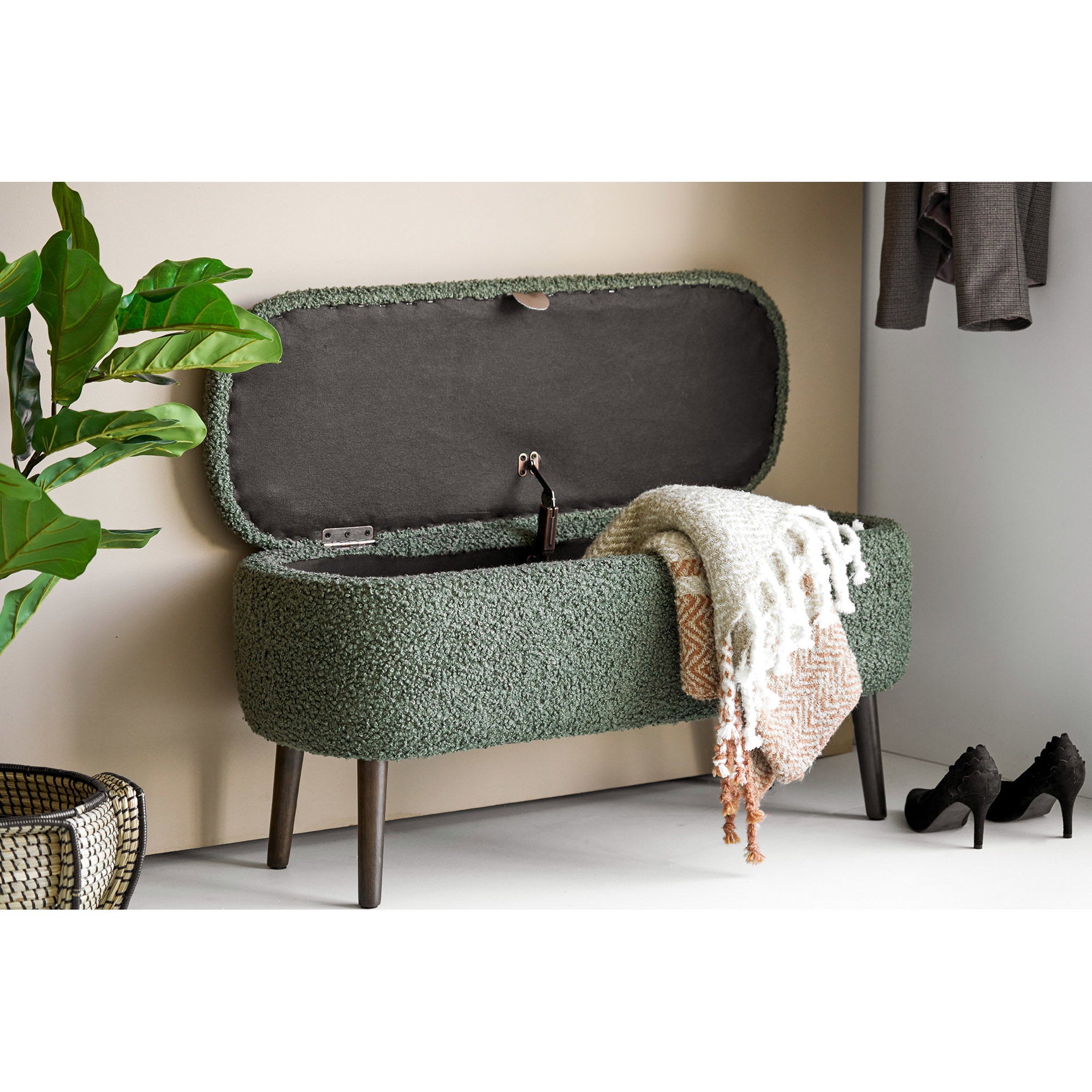 Harlow Bank - Bank met opbergruimte, teddy-stof, groen 95x37x45 cm, HN1301