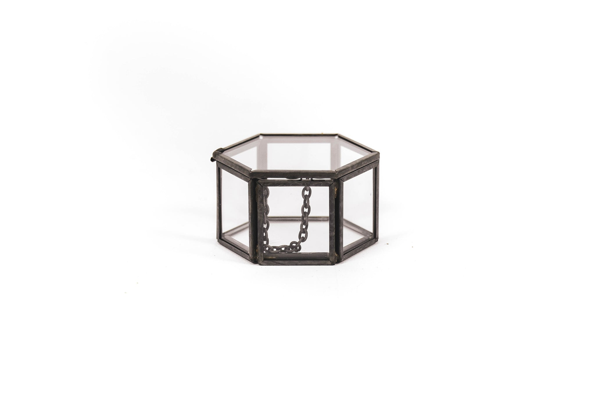 Opbergdoos - Zeshoek - Metaal/Glas - Zwart - 6x5,5x3,5cm