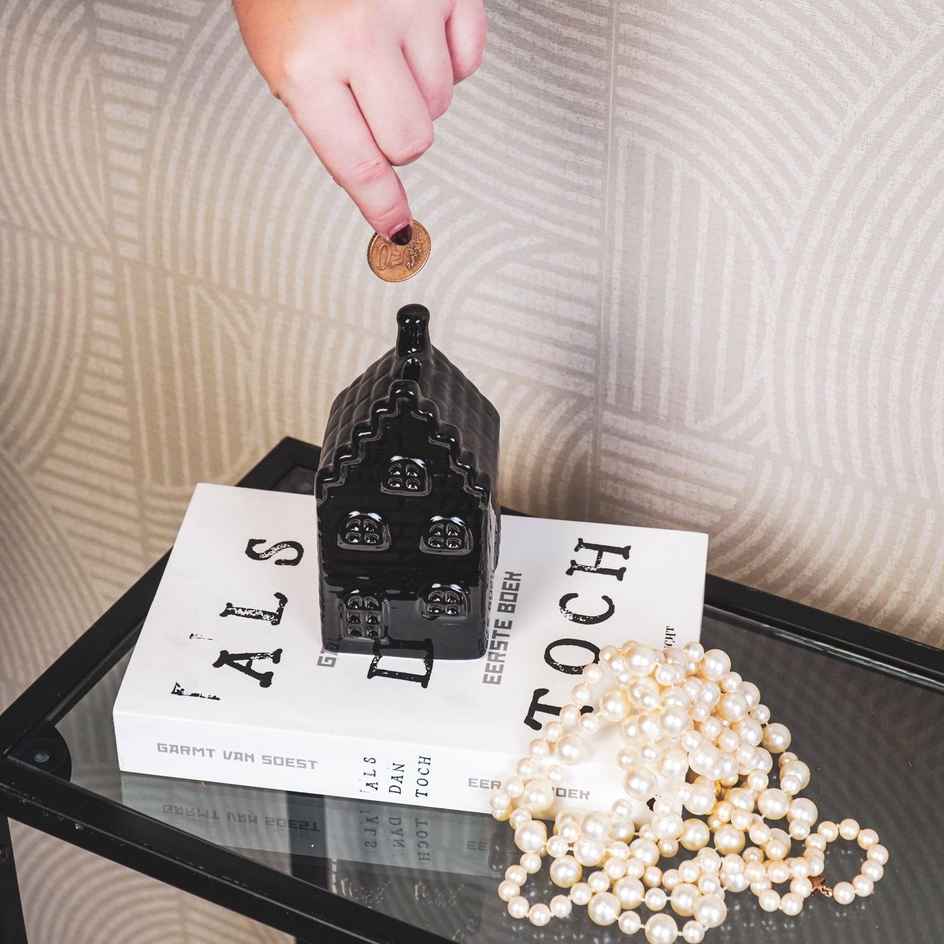 Ornament - Spaarpot - Huis - Keramiek - Zwart - 7x7x13 cm