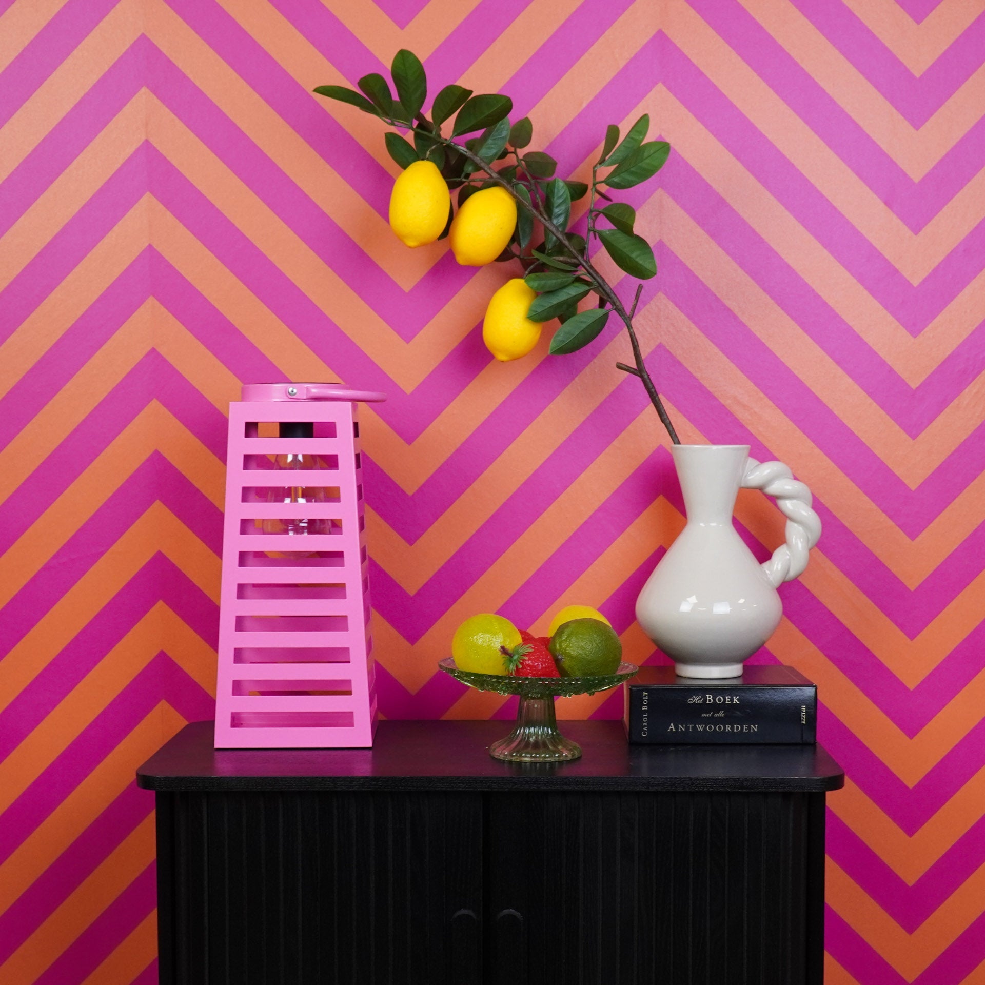 Lamp - lantaarn - op zonne-energie - metaal - roze - 14x32,5cm