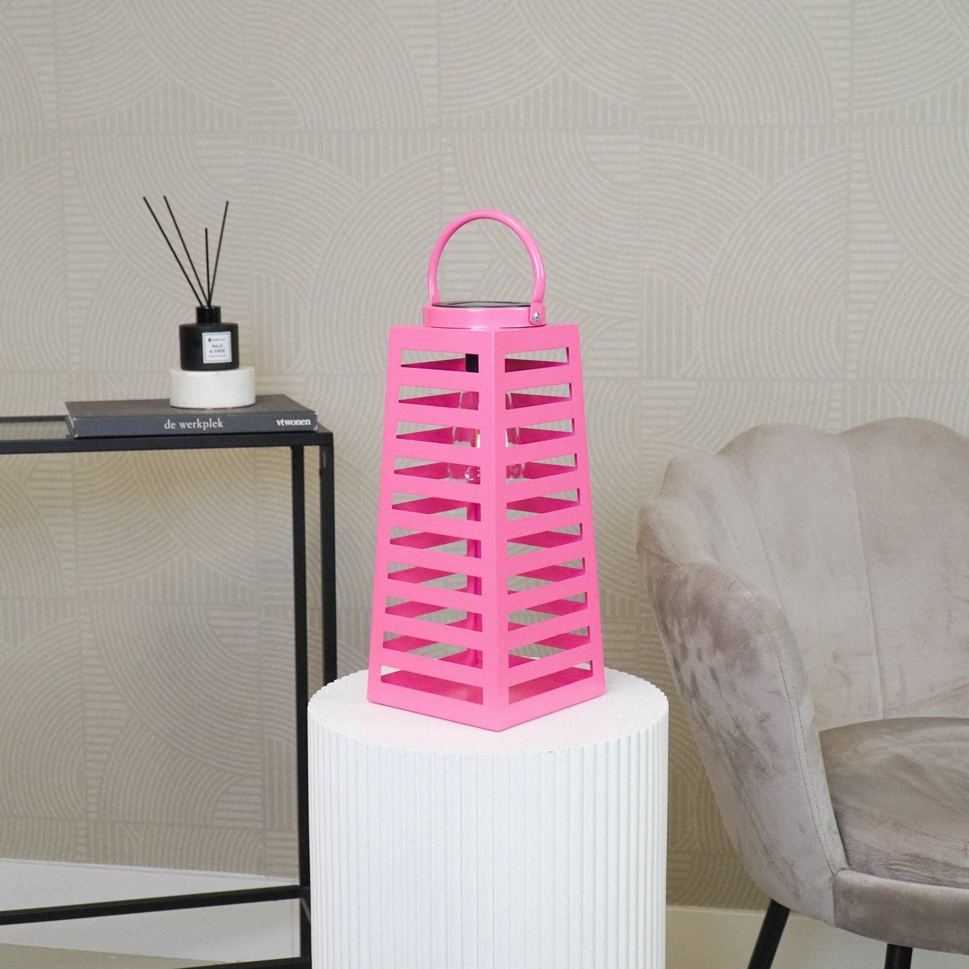 Lamp - lantaarn - op zonne-energie - metaal - roze - 14x32,5cm