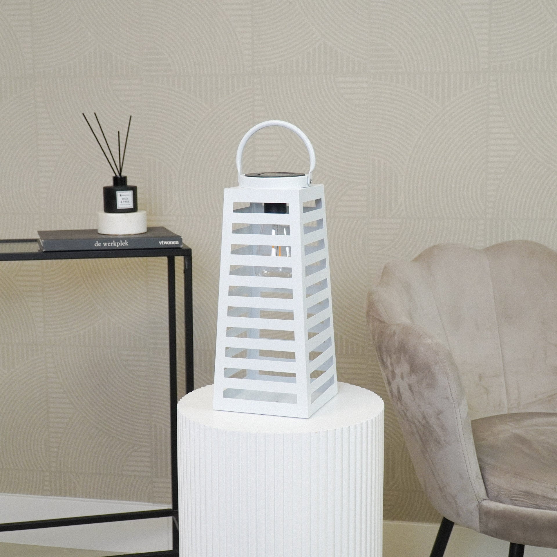Lamp - Lantaarn - Zonne-energie - Metaal - Wit - 14x32,5cm