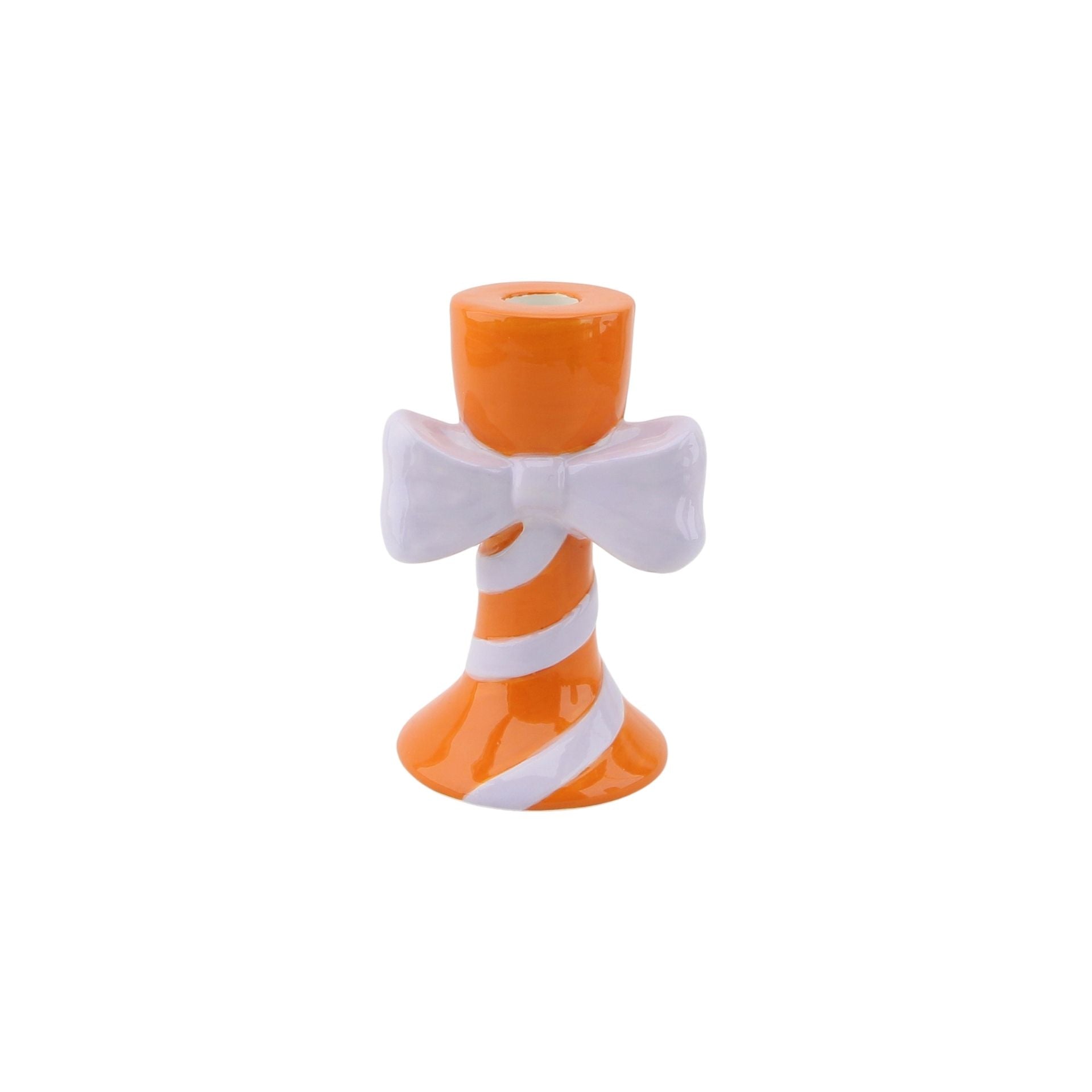 Kaarsenhouder - Strepen met strik - Oranje/Lila - 9x8x14cm