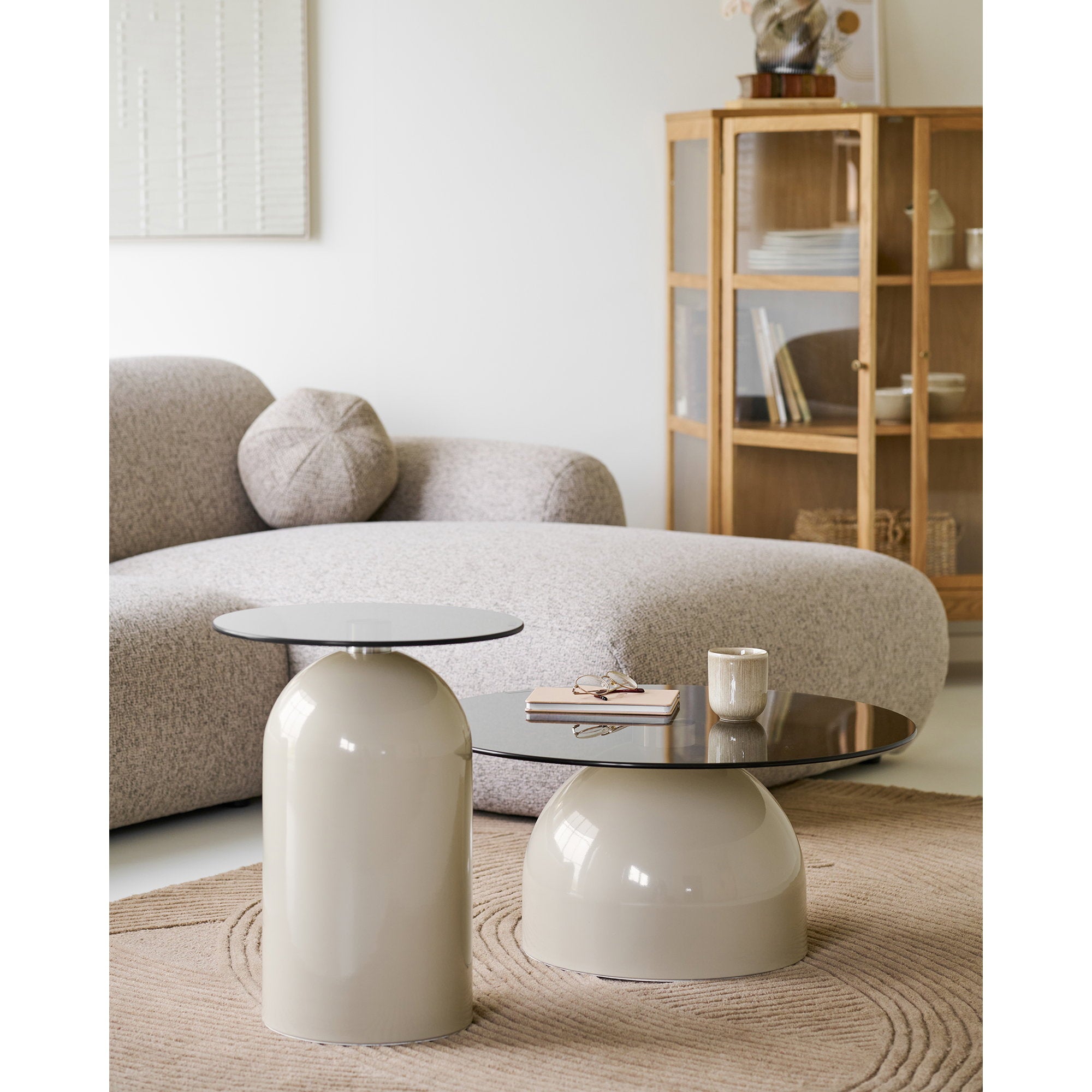 Ravello Salontafel - Salontafel, gehard glas/metaal, grijs/beige ø70x33 cm