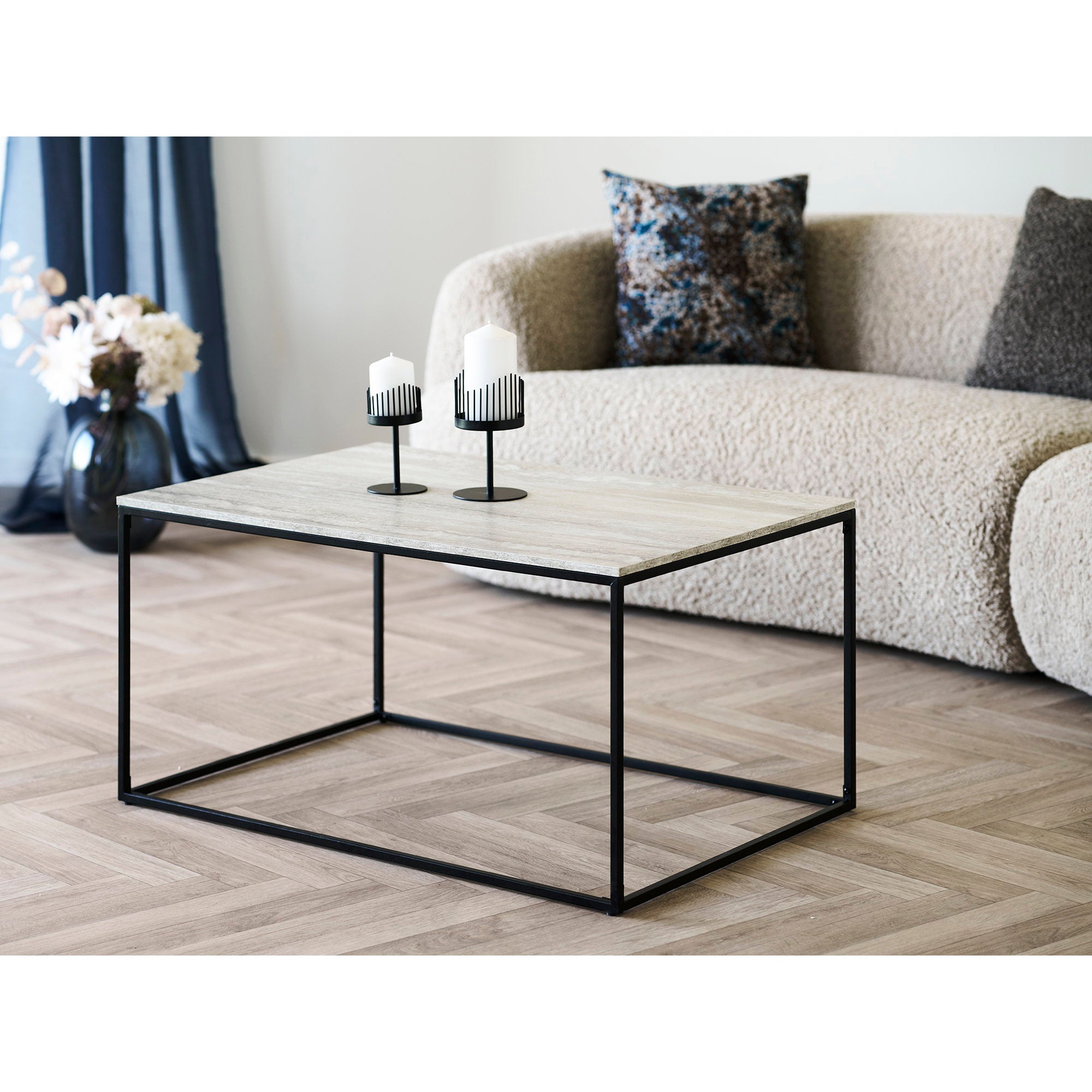 Vita salontafel - salontafel in travertijnlook, zwart frame, 90 x 60 x 45 cm