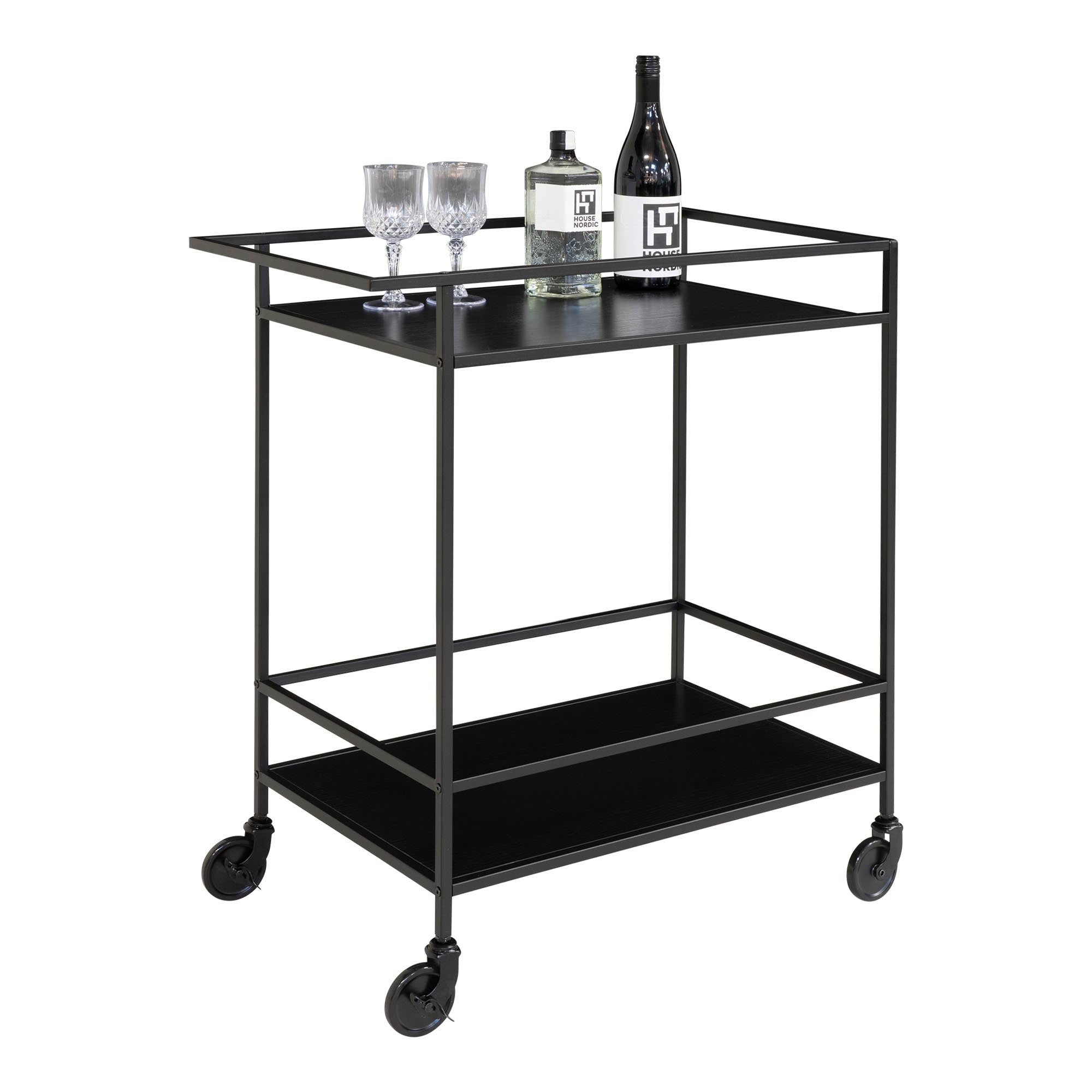 Vita Bar trolley - bartrolley met 2 planken, zwart, zwart frame 68x40x79 cm
