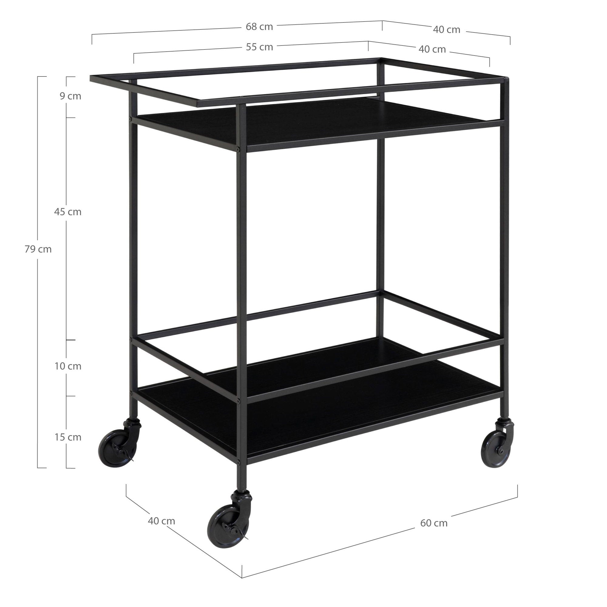 Vita Bar trolley - bartrolley met 2 planken, zwart, zwart frame 68x40x79 cm