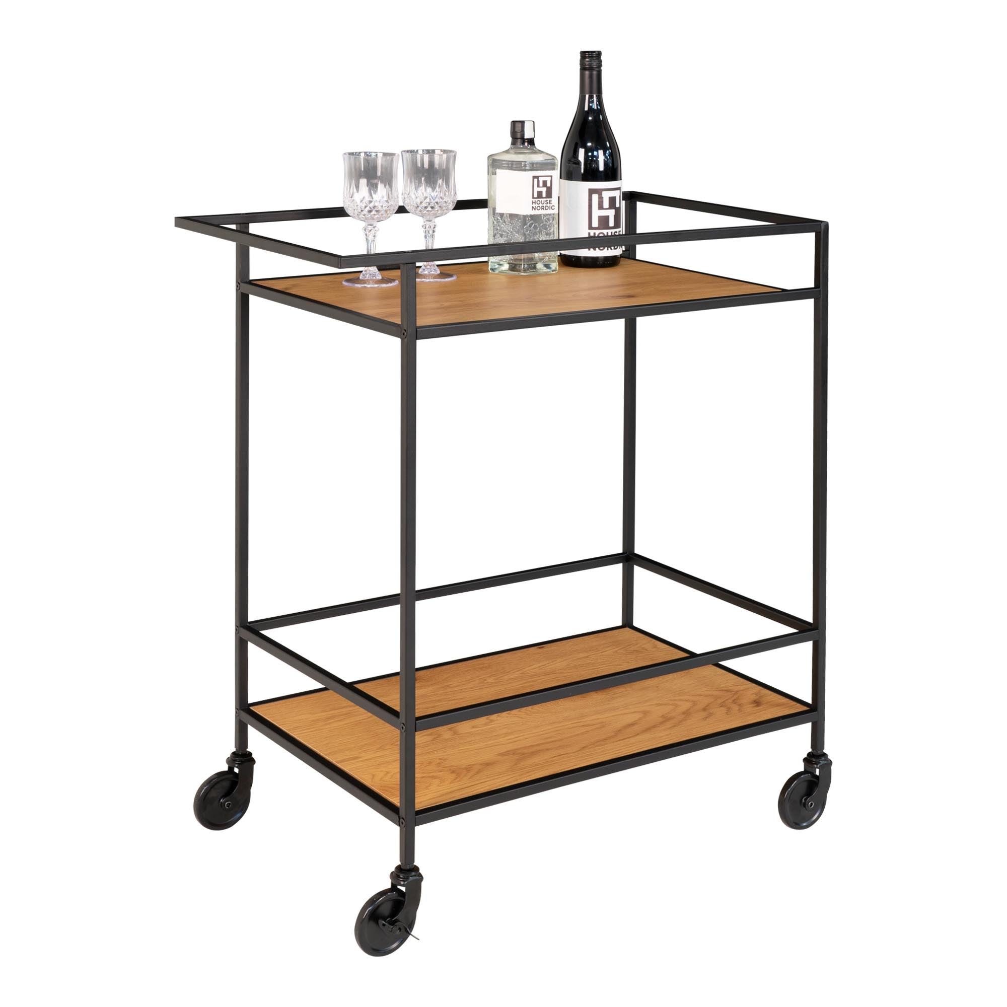 Vita Bar trolley - barwagen met 2 planken, eikenlook, zwart frame 68x40x79 cm