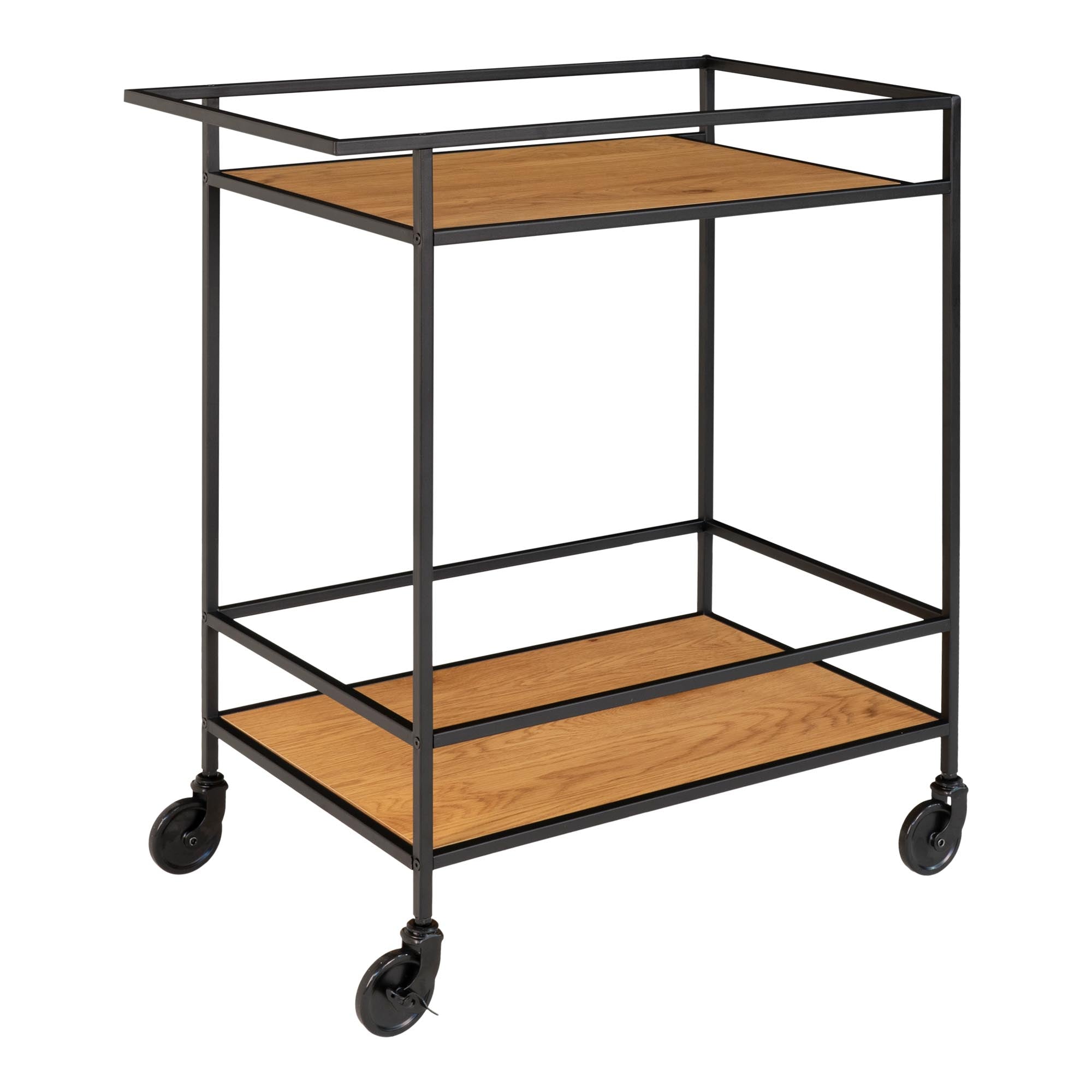 Vita Bar trolley - barwagen met 2 planken, eikenlook, zwart frame 68x40x79 cm