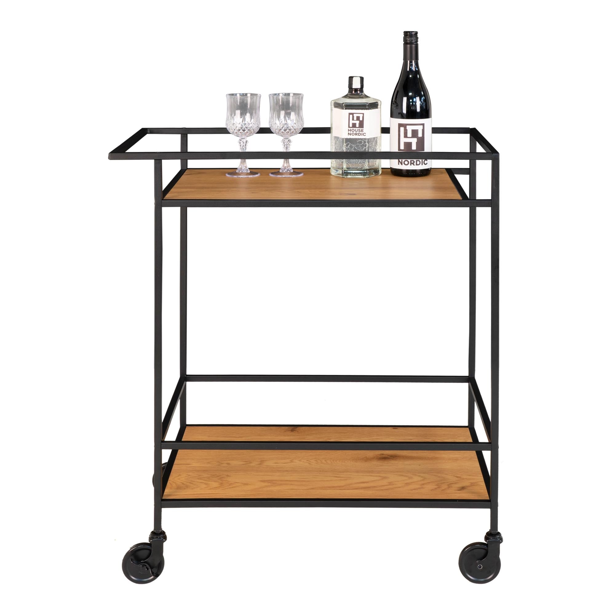 Vita Bar trolley - barwagen met 2 planken, eikenlook, zwart frame 68x40x79 cm