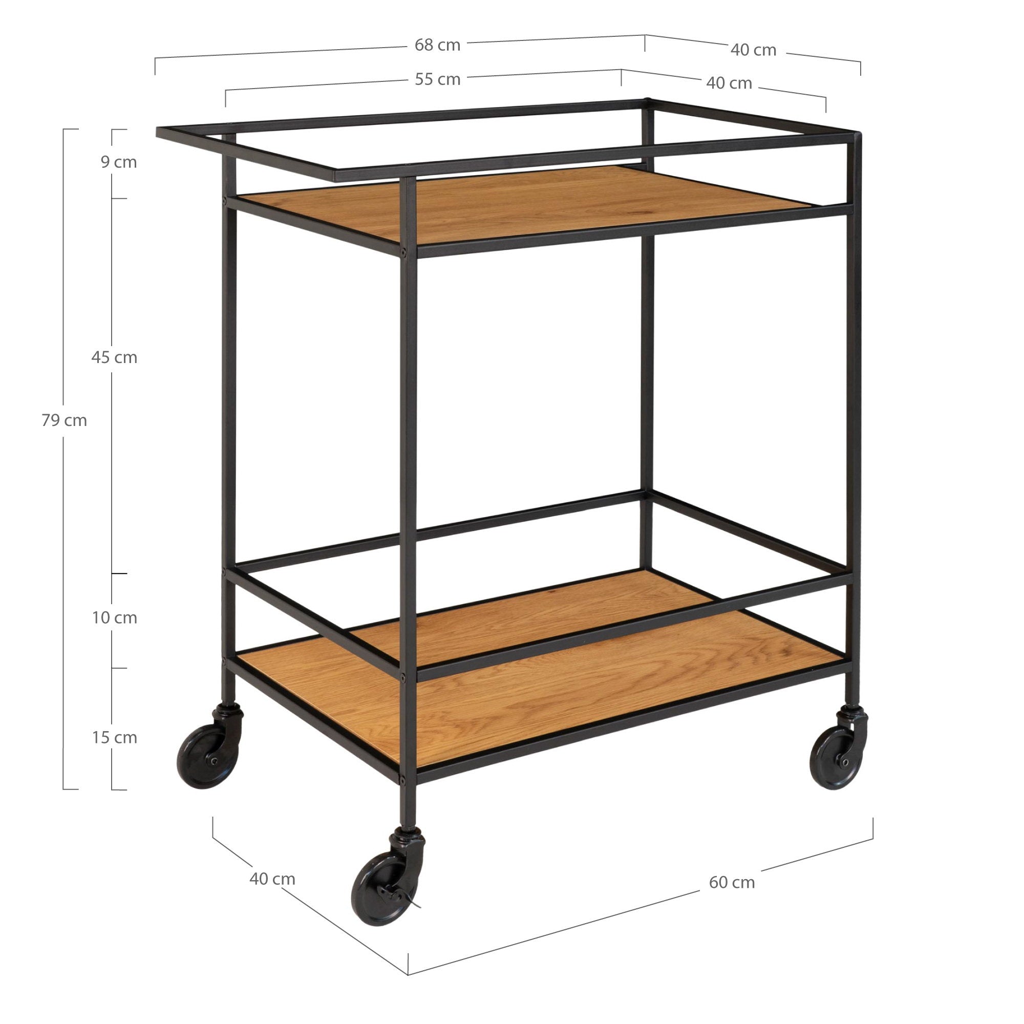 Vita Bar trolley - barwagen met 2 planken, eikenlook, zwart frame 68x40x79 cm