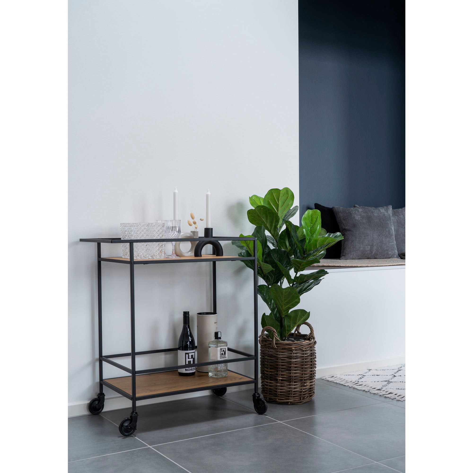 Vita Bar trolley - barwagen met 2 planken, eikenlook, zwart frame 68x40x79 cm