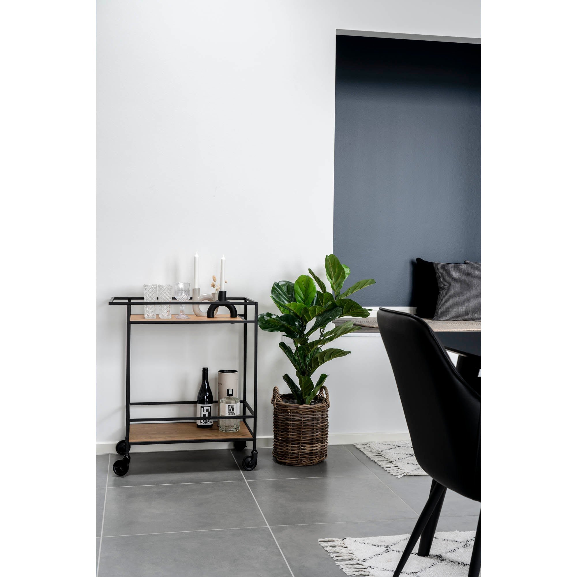 Vita Bar trolley - barwagen met 2 planken, eikenlook, zwart frame 68x40x79 cm