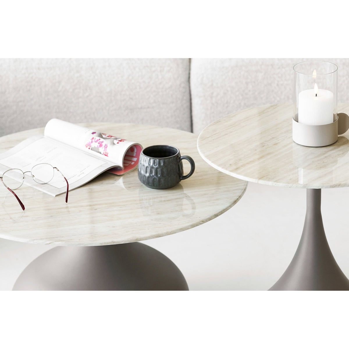 Pienza Salontafel set van 2 - salontafelset, metaal/gehard glas, kaki ø70x42 en ø50x54 cm