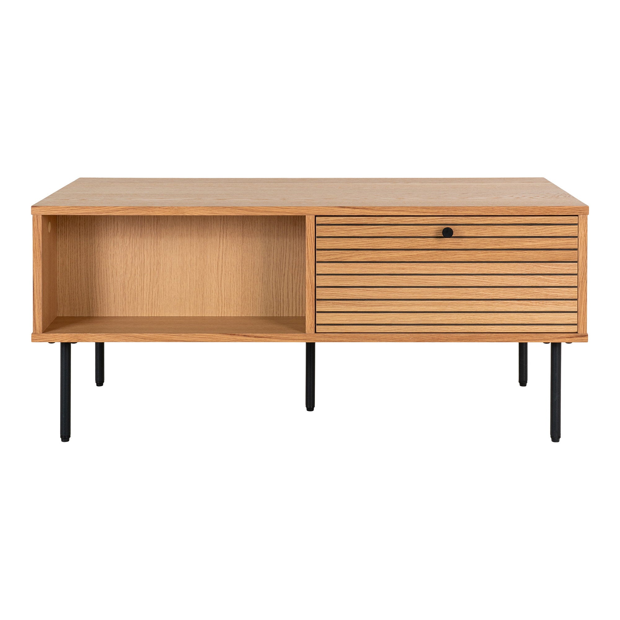 Kyoto Salontafel - Salontafel, 2 lades, eikenfineer, naturel, zwarte metalen poten 50x100x45 cm
