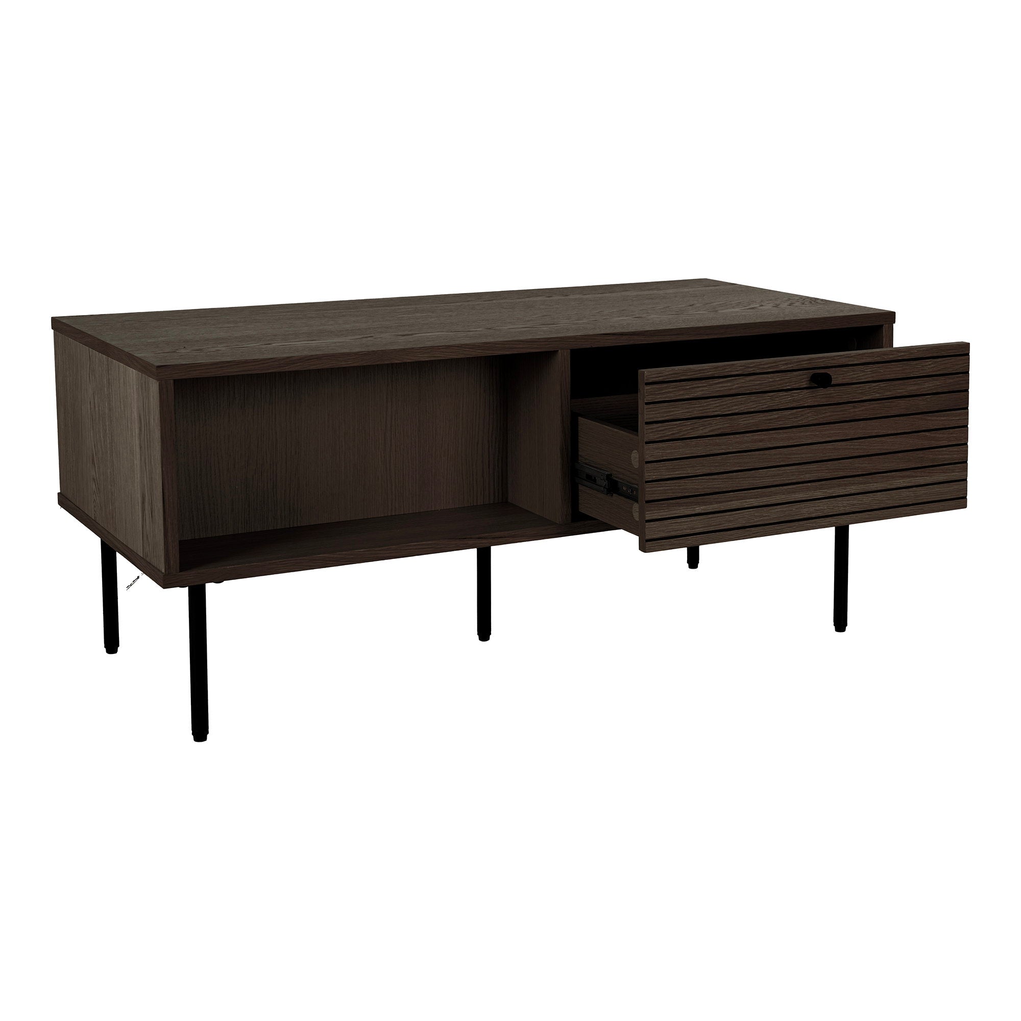 Kyoto salontafel - salontafel, 2 lades, gerookt eikenfineer, zwarte metalen poten, 50x100x45 cm