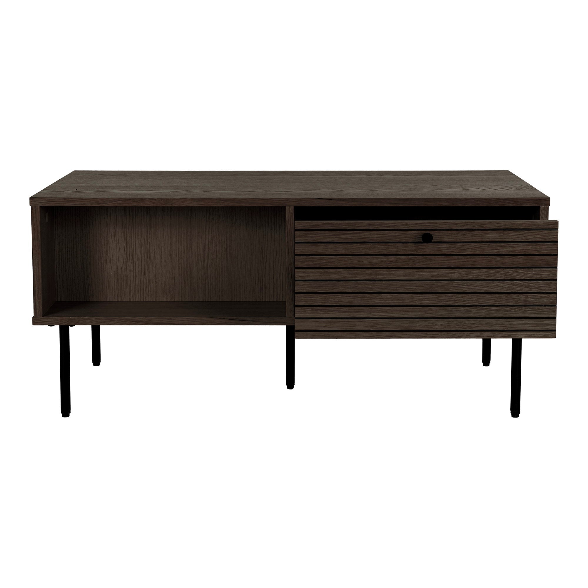 Kyoto salontafel - salontafel, 2 lades, gerookt eikenfineer, zwarte metalen poten, 50x100x45 cm