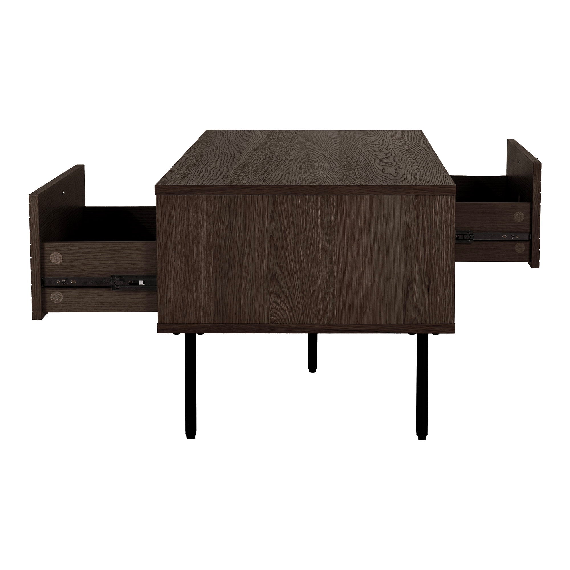 Kyoto salontafel - salontafel, 2 lades, gerookt eikenfineer, zwarte metalen poten, 50x100x45 cm