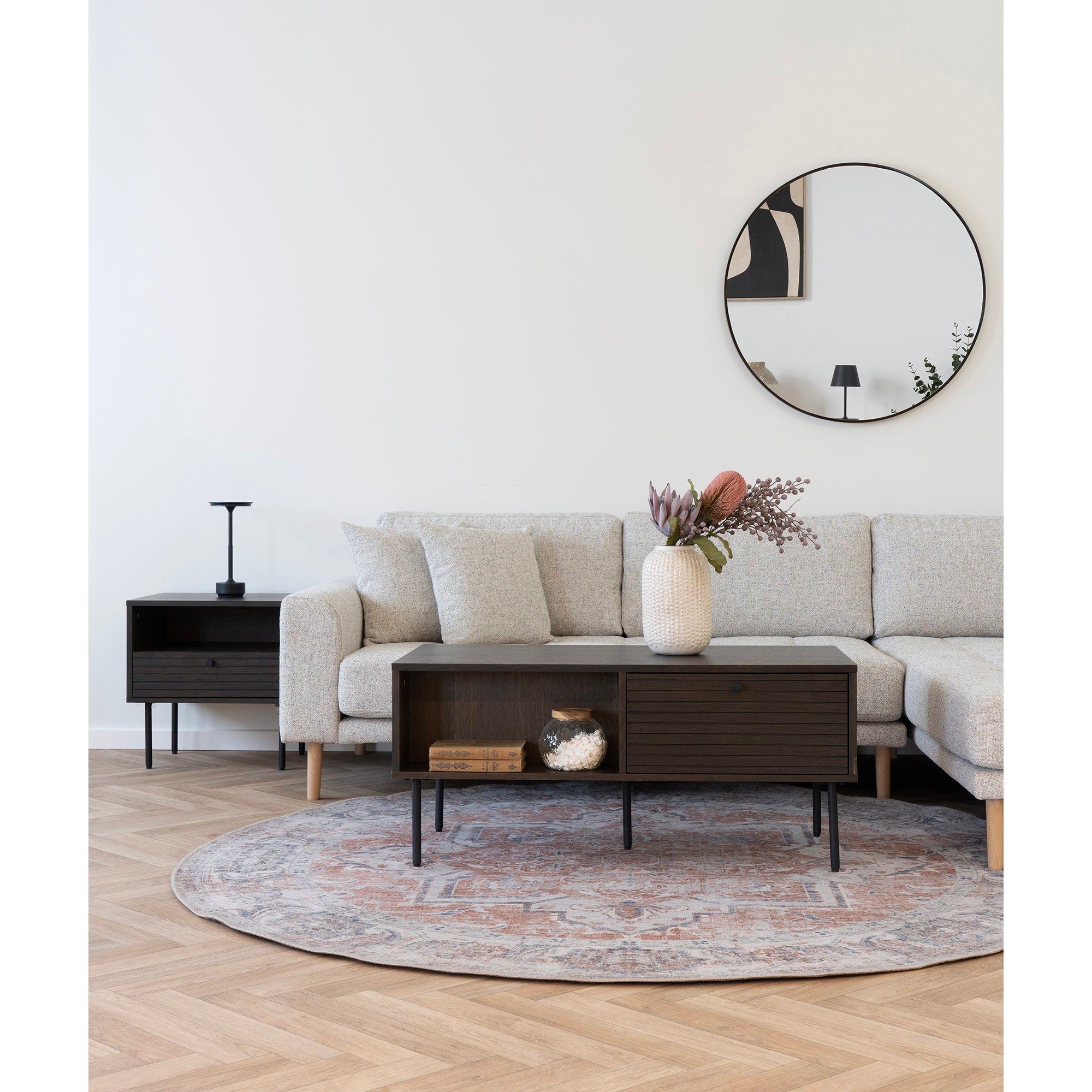 Kyoto salontafel - salontafel, 2 lades, gerookt eikenfineer, zwarte metalen poten, 50x100x45 cm