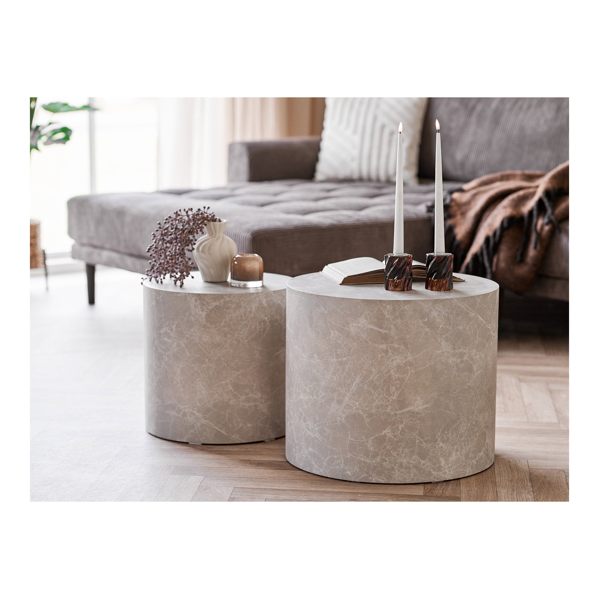 Prague Salontafel - salontafel, marmerlook, rond, beige, set van 2