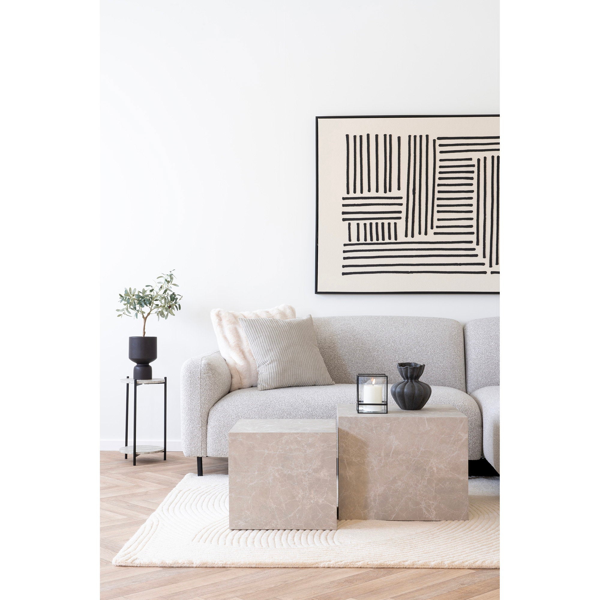 Leuven bijzettafel - bijzettafel, travertijnlook, zwarte poten ø27x46 cm