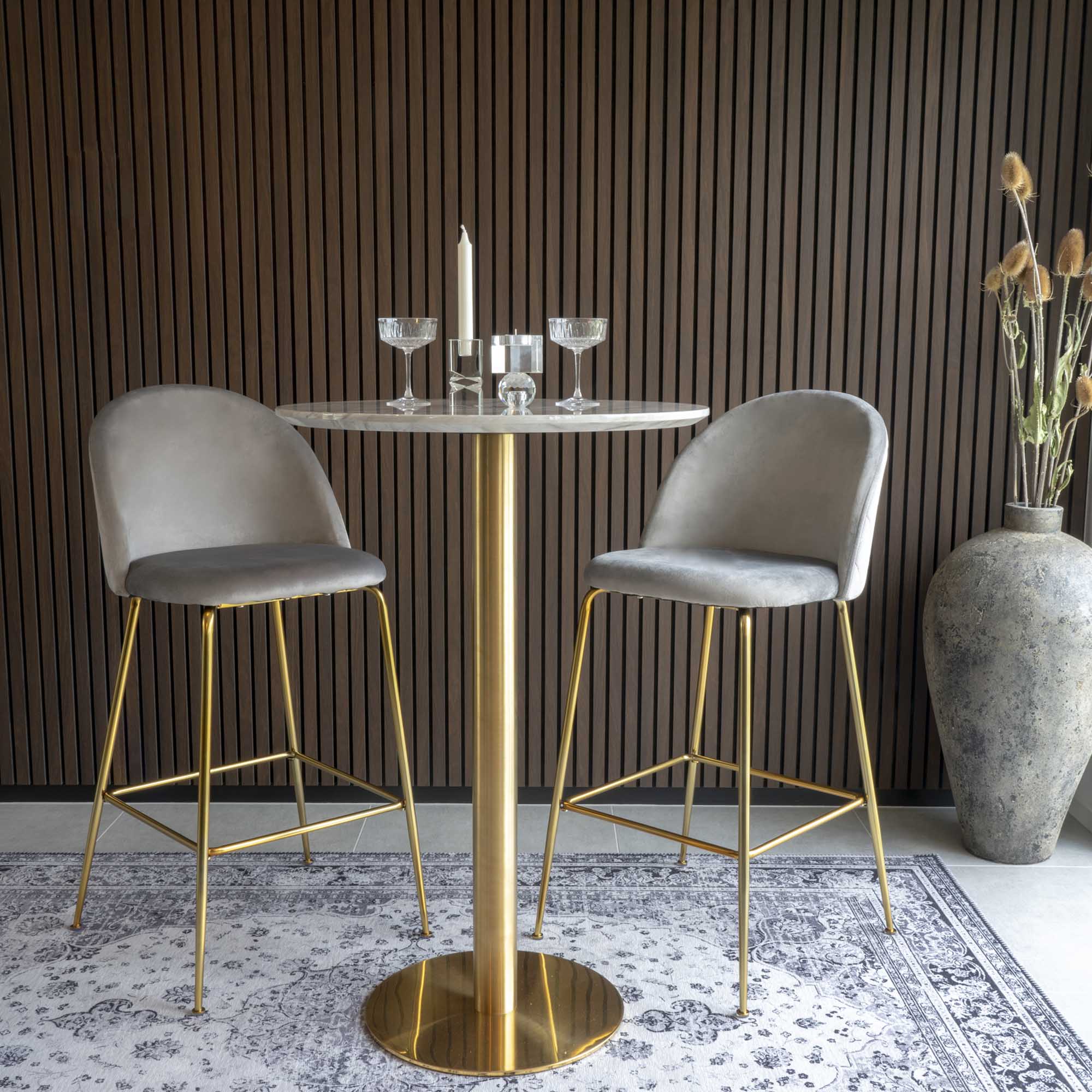Bolzano Bar Table - Bartafel, blad in marmerlook, onderstel in messinglook ø70x105 cm