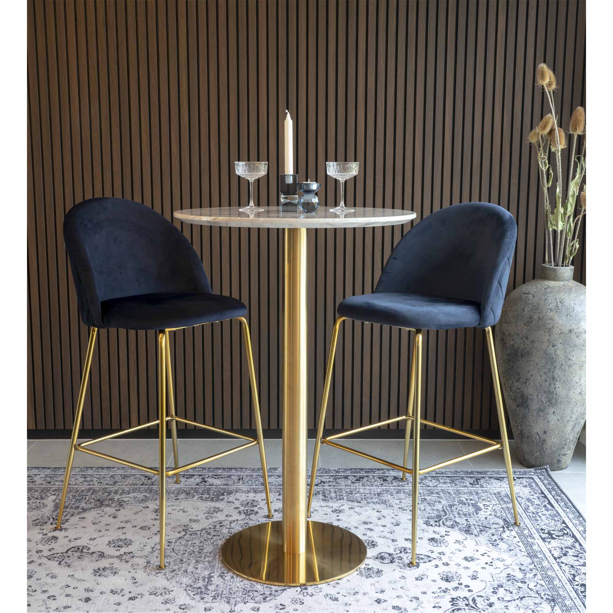 Bolzano Bar Table - Bartafel, blad in marmerlook, onderstel in messinglook ø70x105 cm