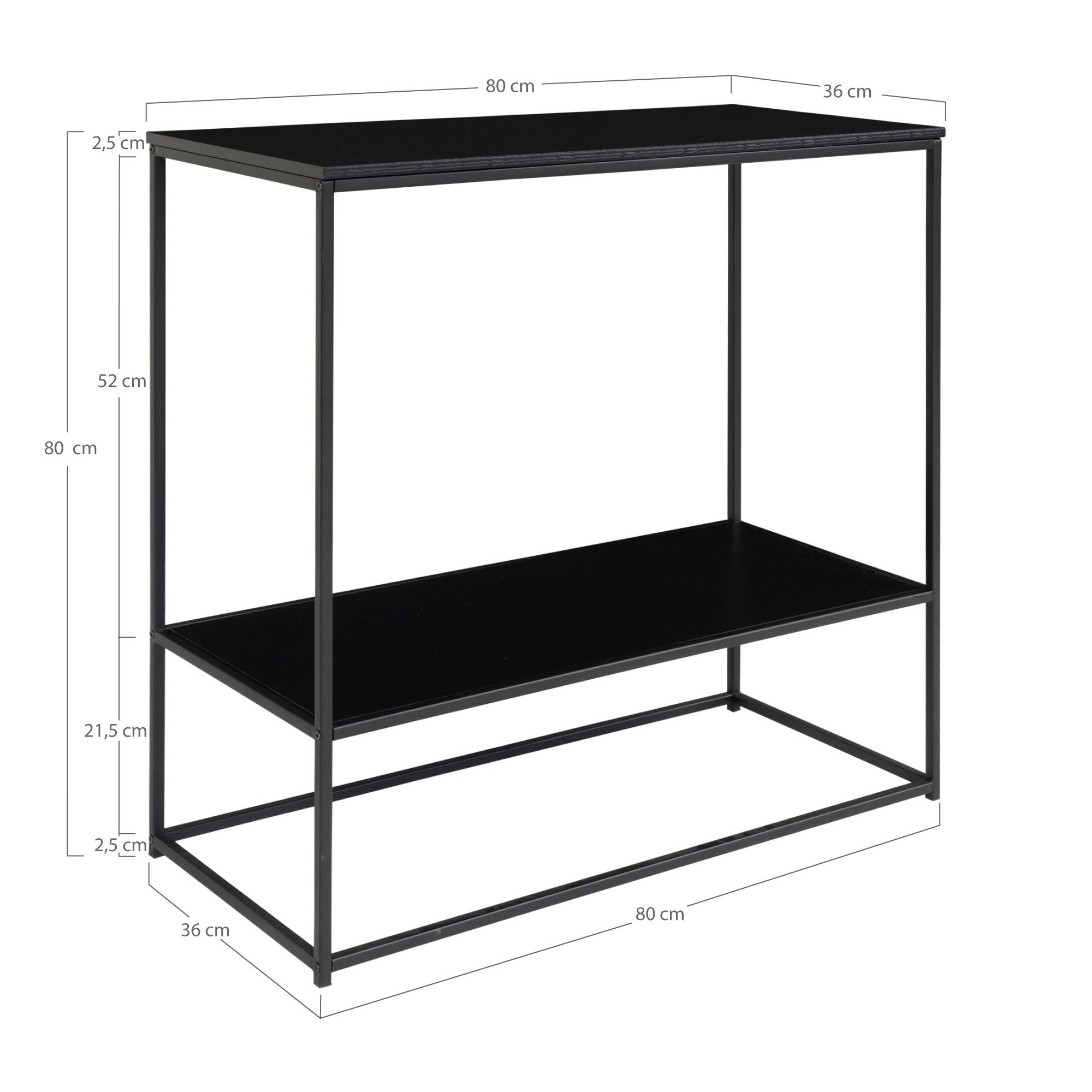 Vita Consoletafel - Consoletafel, 2 planken, zwart, zwart frame 80x36x80 cm