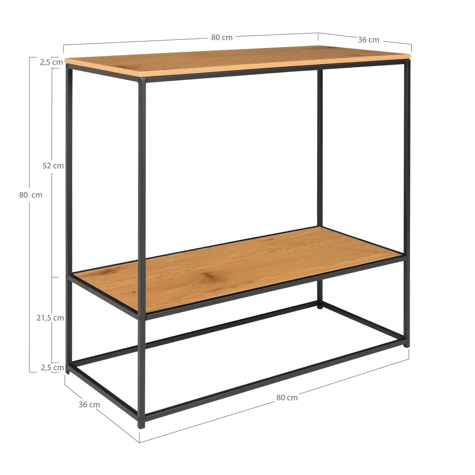 Vita consoletafel - consoletafel, 2 planken, eikenlook, zwart frame 80x36x80 cm