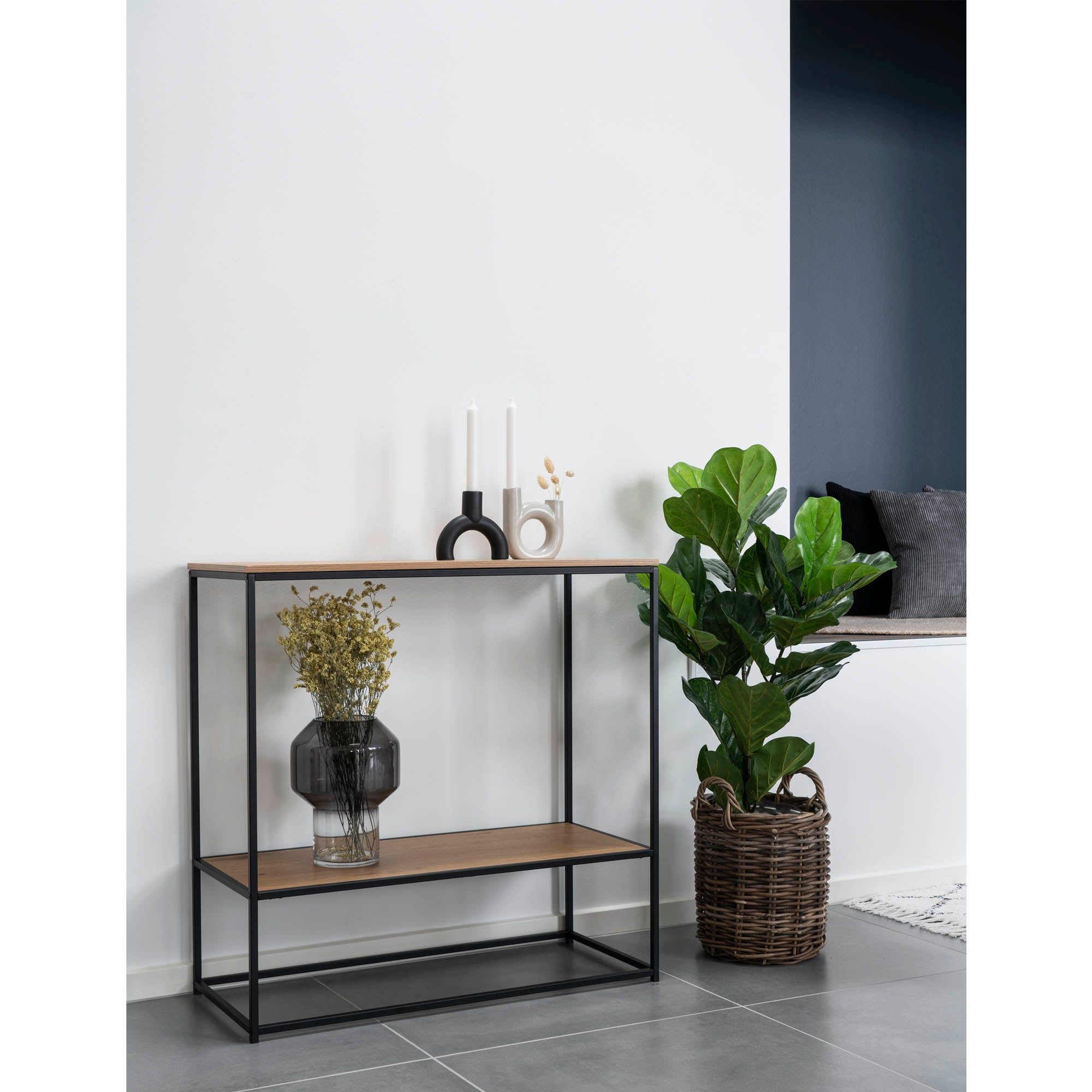 Vita consoletafel - consoletafel, 2 planken, eikenlook, zwart frame 80x36x80 cm