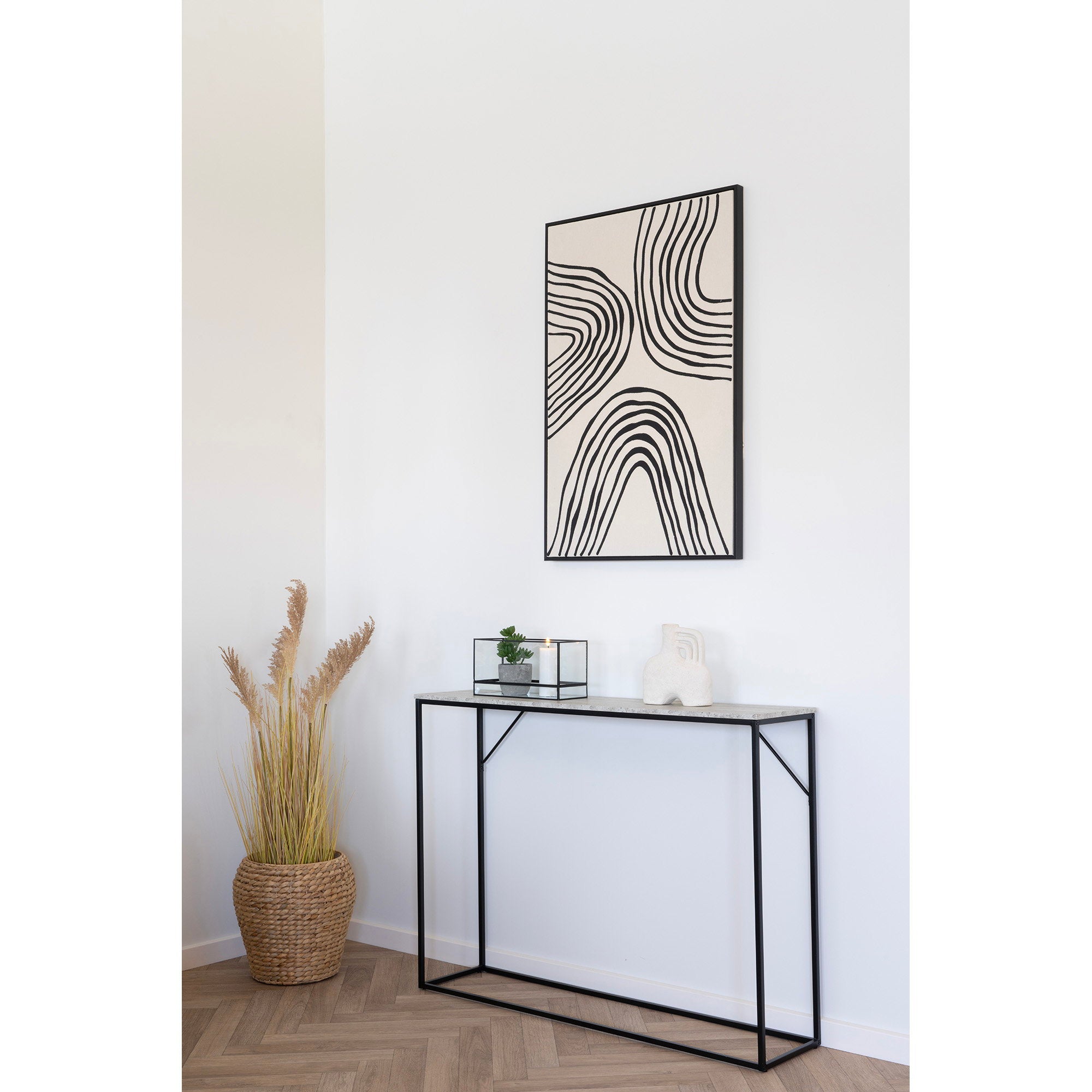 Vita consoletafel - 1 plank, in travertijnlook, zwart frame 110x26x80 cm