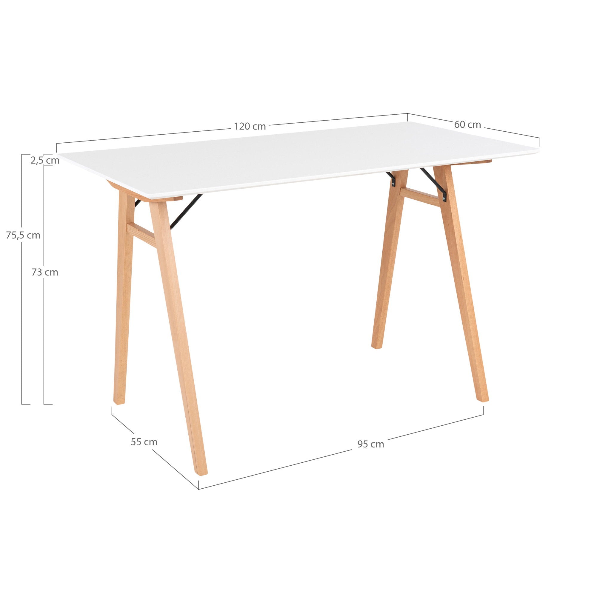 Vojens Desk - Bureau, wit en naturel 120x60x75 cm