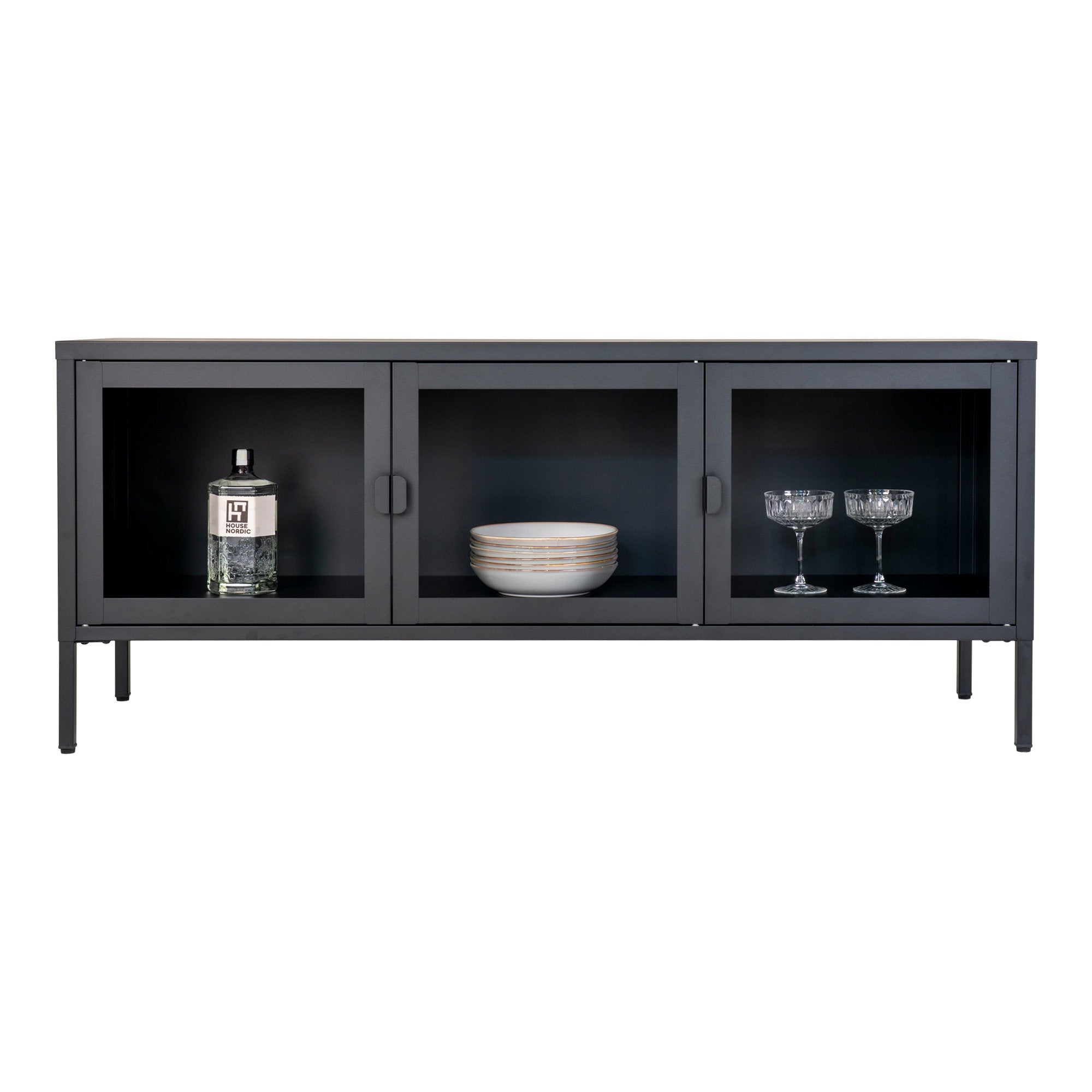 Brisbane tv-meubel - tv-meubel, 3 glazen deuren, staal, zwart 130x40x55 cm