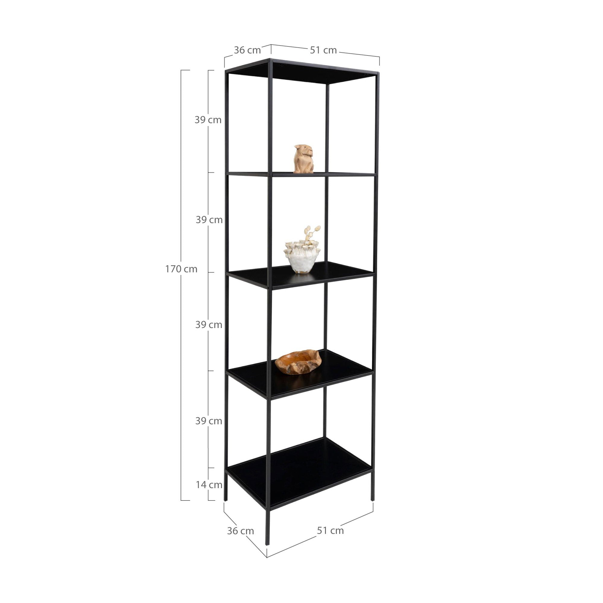 Vita shelf - Rek met 5 planken, zwart, zwart frame 51x36x170 cm