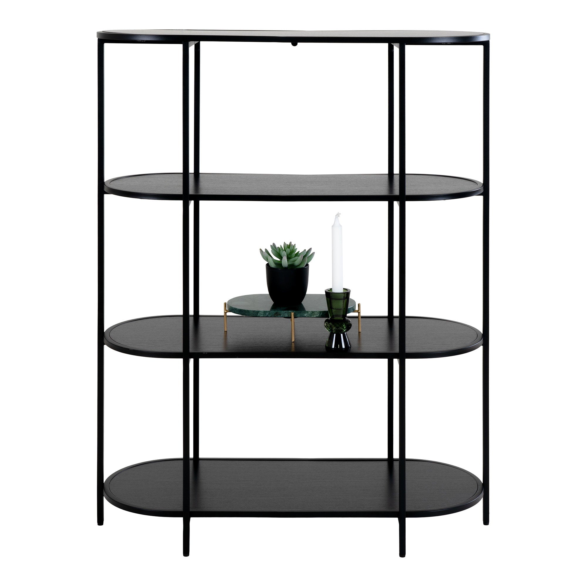 Vita shelf - Ovale plank, 4 planken, zwart, zwart frame 85x36x111 cm