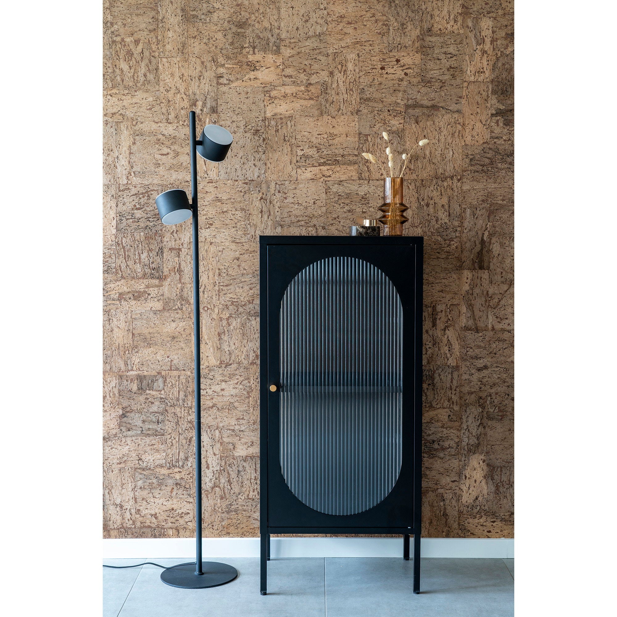 Adelaide Vitrinekast - Vitrinekast, 1 deur met geribbeld glas, staal, zwart 50x35x110 cm