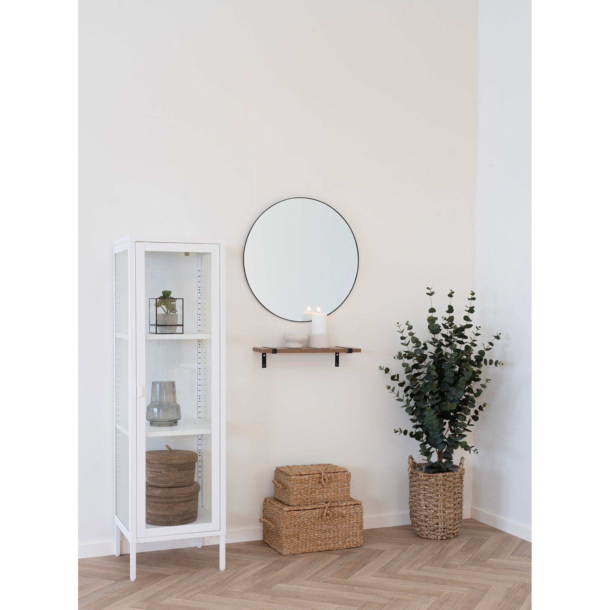 Brisbane slanke vitrinekast - slanke vitrinekast, 1 glazen deur, staal, wit, 40x35x140 cm