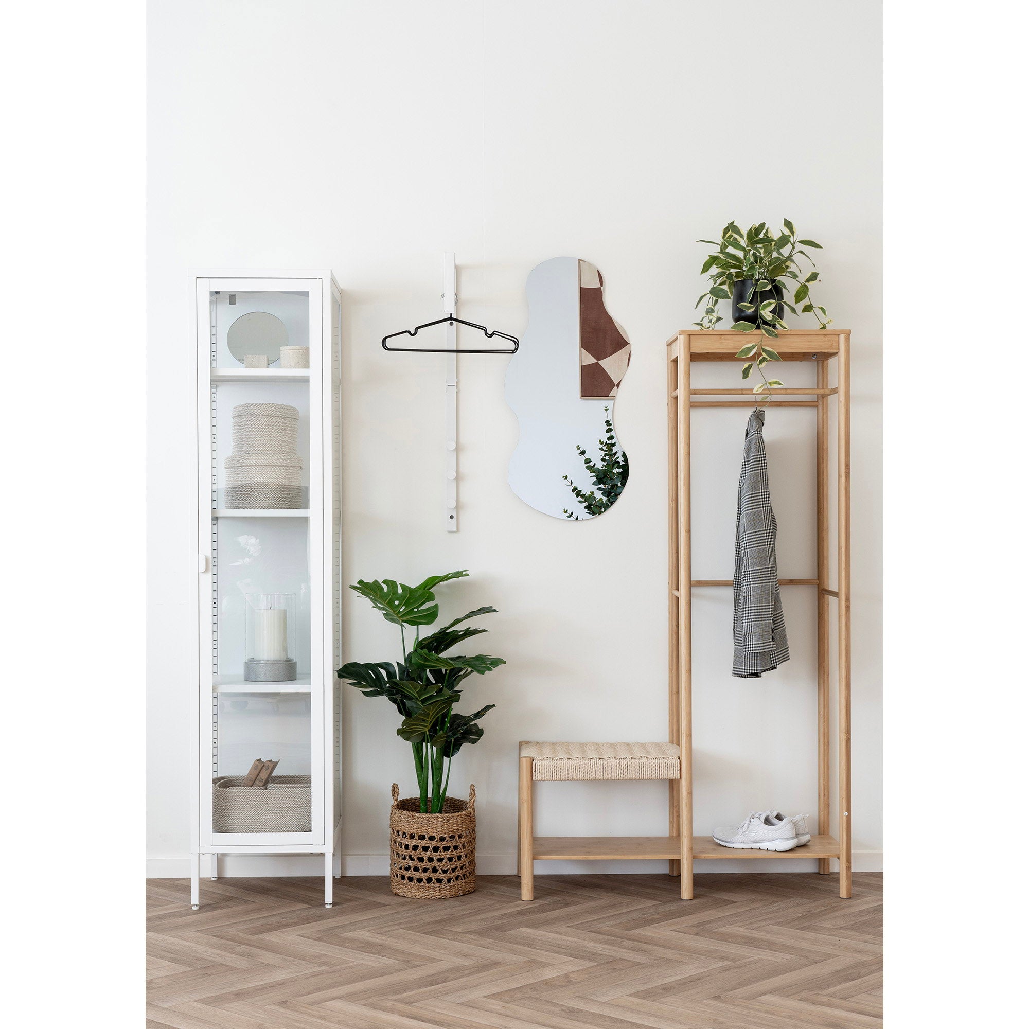 Ember kledingrek - met natuurlijke rieten bank, bamboe, naturel 36x95x165