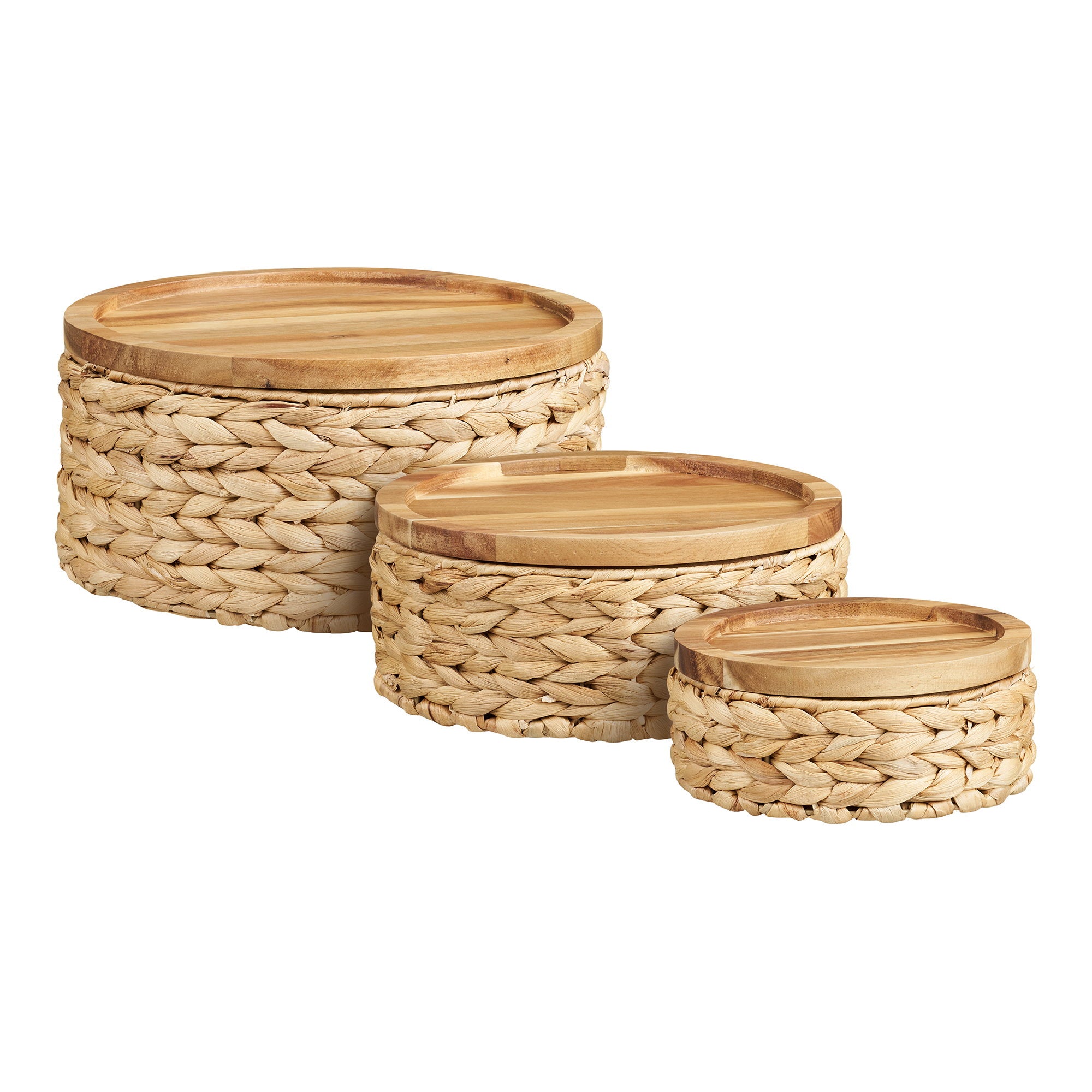Botofte Baskets - Manden met houten deksel, waterhyacint, naturel, set van 3