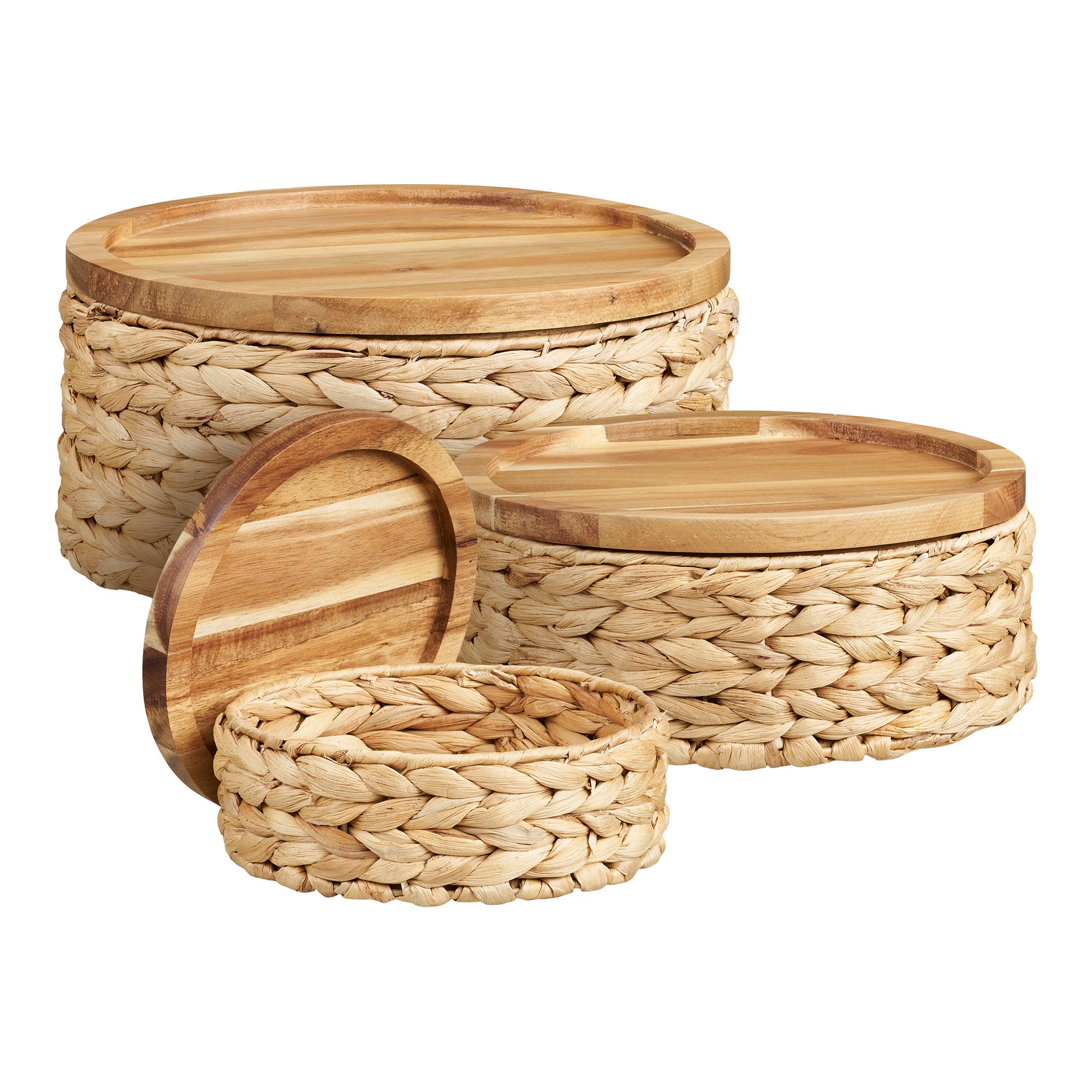 Botofte Baskets - Manden met houten deksel, waterhyacint, naturel, set van 3